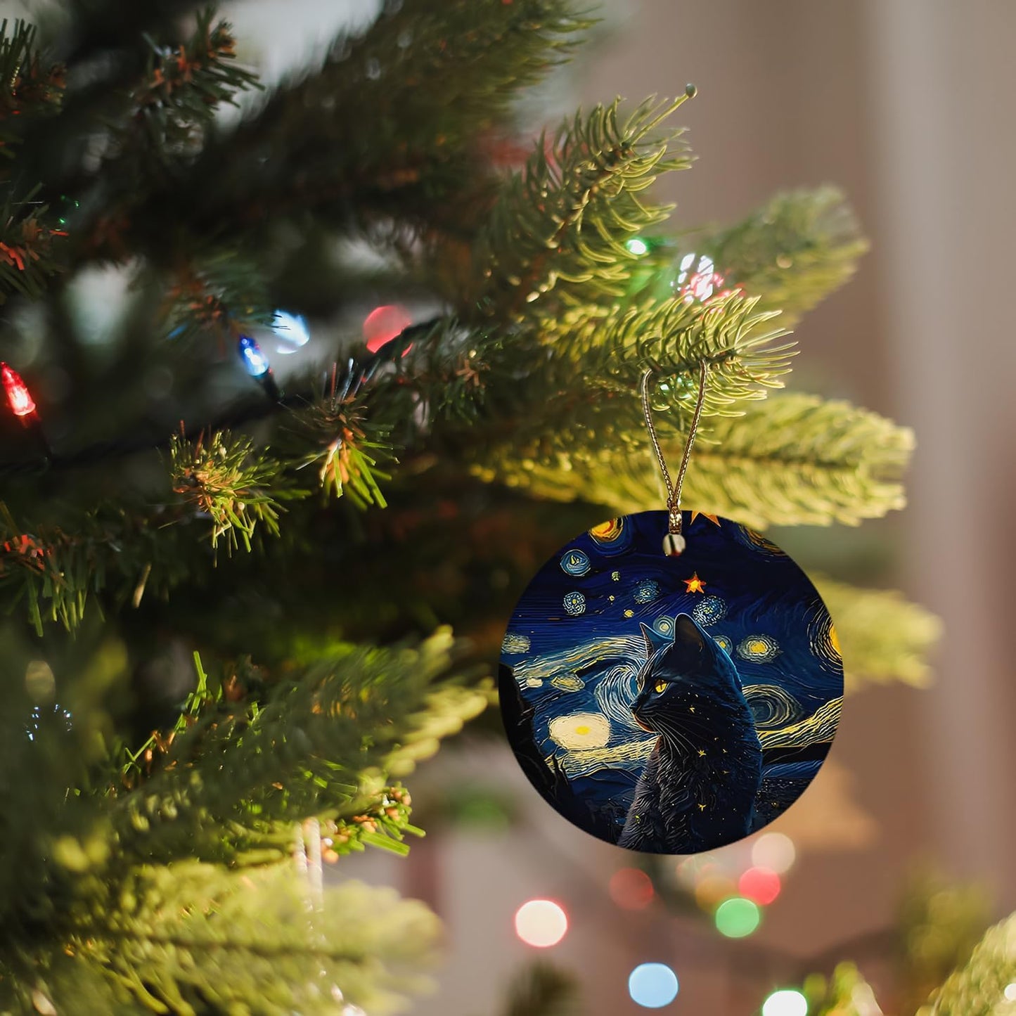 Black Cat Christmas Ornaments,Christmas Cat Gifts for Cats Mom Women,Starry Night Ceramic Hanging Ornaments