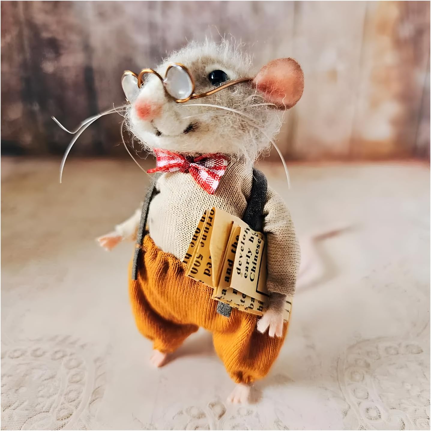 Felted Mouse, Cute Miniature Dollhouse Felt Mouse Ornament, Felt Wool Mice Figurine for Holiday Decor, Needle Felted Mouse Doll Decorations Festival Statue (Professor)