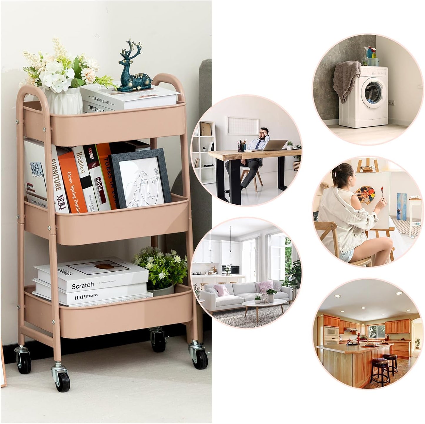 AGTEK Makeup Cart, Movable Rolling Organizer Cart, 3 Tier Metal Utility Cart with Lockable Wheels for Home & Office, Milk Tea