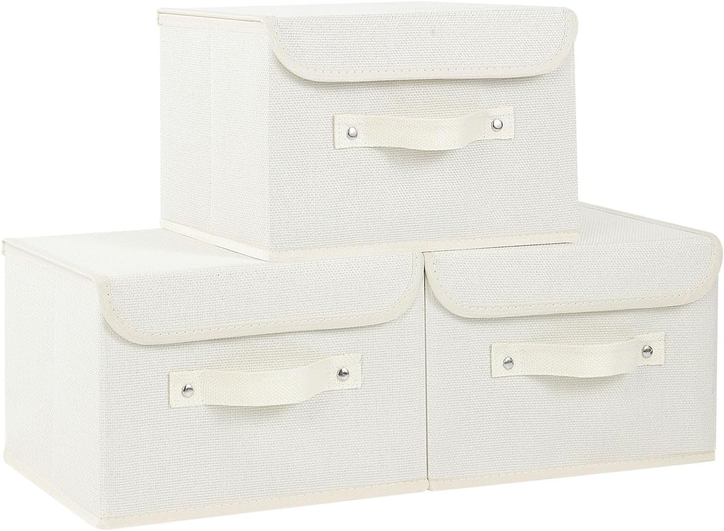 Fabric Storage Bins Cube Organizers with Flip-Top Lid and Handles,Storage Boxes for Organizing Home,Office,and Closet,Beige,3 Pack 10.2 X 7.9 X 6.7 in