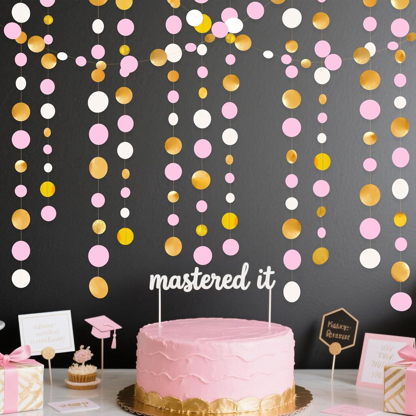 Gold and Pink Party Decorations Circle Dots Garland Metallic Gold Light Pink and White Hanging Polka Dot Streamer for Women Girl Birthday Baby Shower Bridal Shower Wedding Princess Party Supplies