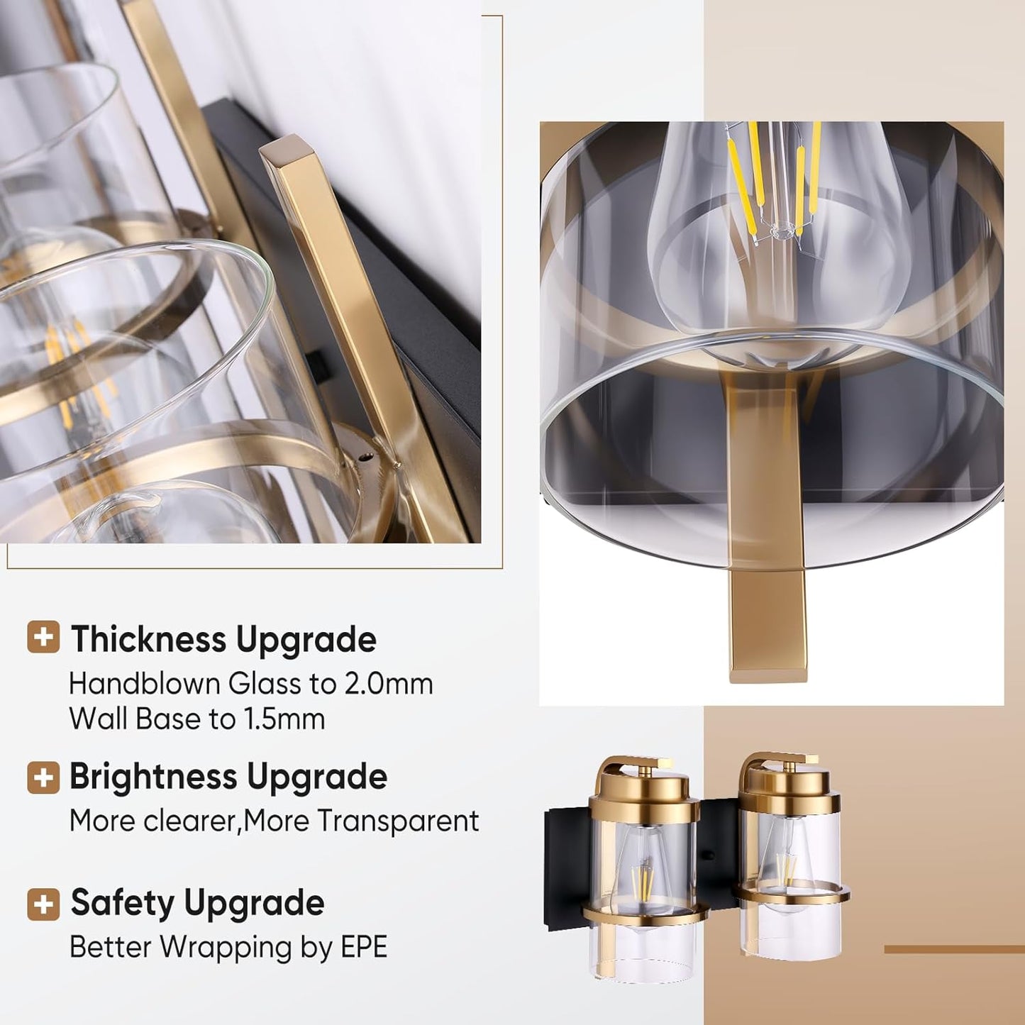 Bathroom Vanity Light Fixtures, Black Gold Vanity Lights for Bathroom 2 Lights,Gold Brushed Wall Sconce(Bulbs not Included)