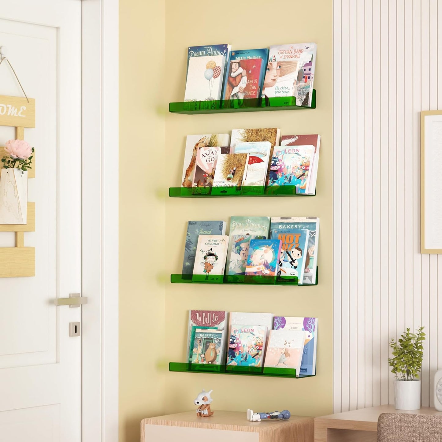 upsimples Acrylic Shelves for Wall Decor, 15" Display Shelf Perfume Organizer for Bathroom, Bedroom, Living Room, Floating Bookshelves for Kids, Clear Green, 4 Pack