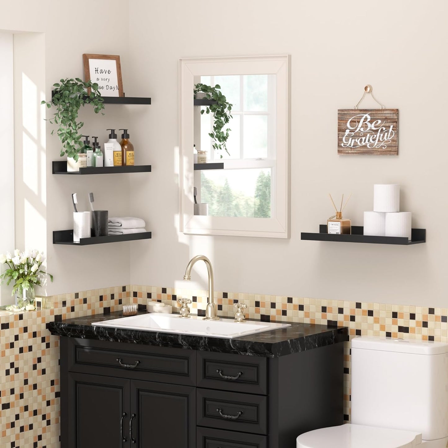 upsimples Floating Shelves for Wall, Wall Shelves for Decor Storage Set of 6, Wall Mounted Wood Shelf for Bedroom, Living Room, Bathroom, Kitchen, Picture Ledge Shelf, Black