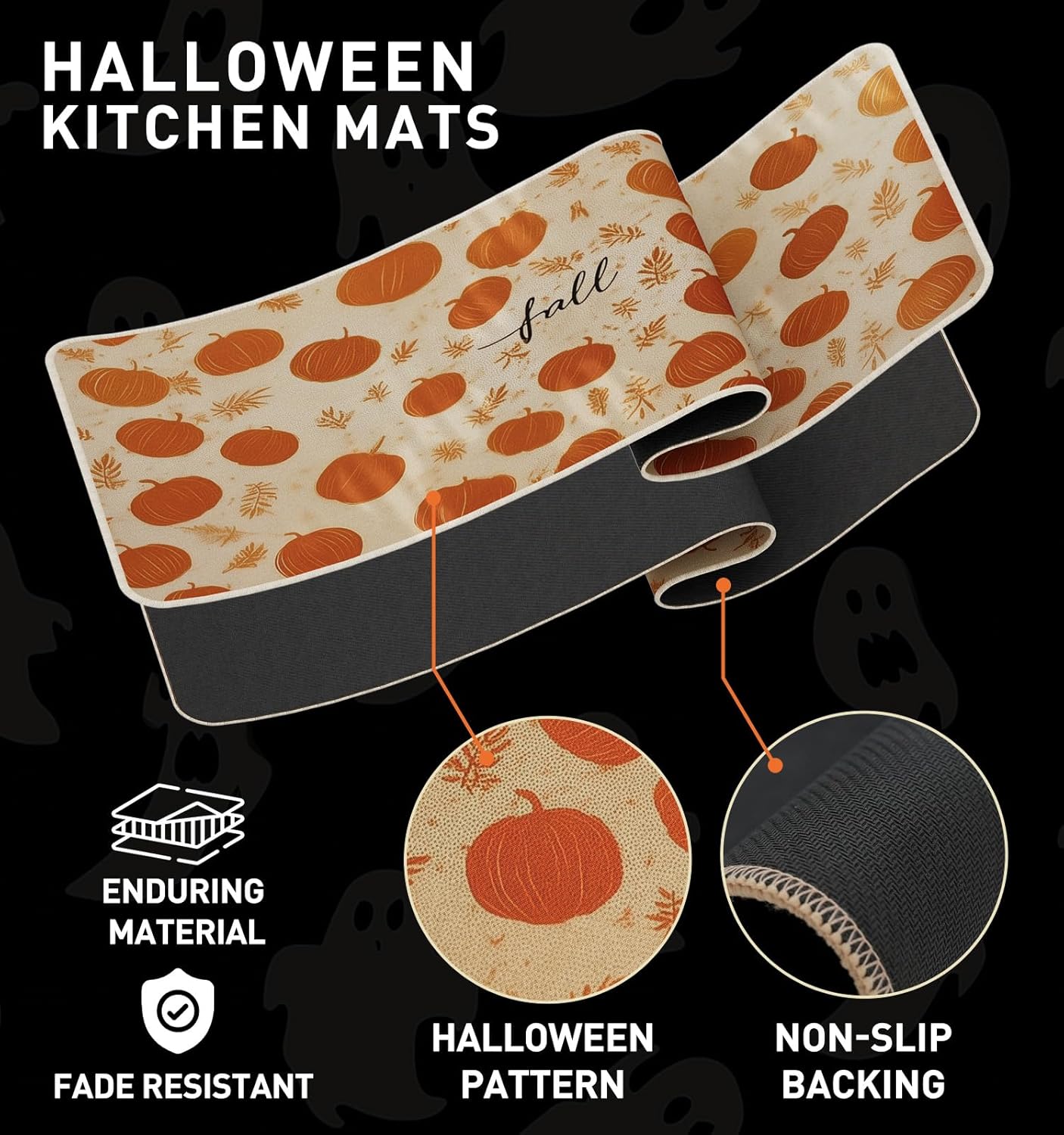 Halloween Kitchen Mat Set of 2, Pumpkin Kitchen Halloween Decor, Fall Decorations for Home, Halloween Rug for Floor,Indoor Home Decor with Non-Slip Backing,17 x 29 Inch & 17 x 47 Inch