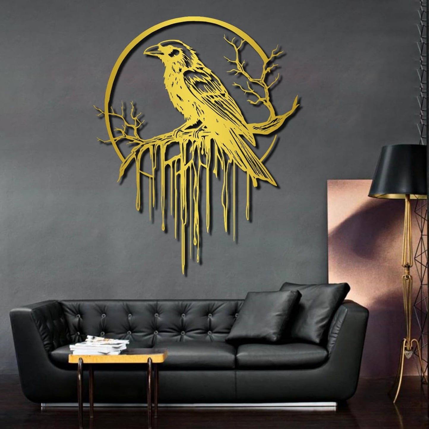 Crow Metal Wall Decor, Raven Wall Art, Large Gothic Raven Decor Hangings, Bird Wall Decor, Metal Tree Branch Decor, Ravens Sign, Raven Art for Living Room (Gold, 24"x19" | 60x48cm, metal wall art)