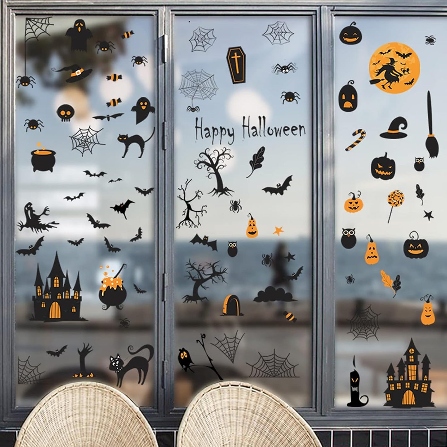 84 PCS Window Clings - Halloween Wall Stickers for Living Room, Pumpkins, Castles, Bats, Cats, Vampire, Witch Stickers, Household Decorative Murals, Party Supplies