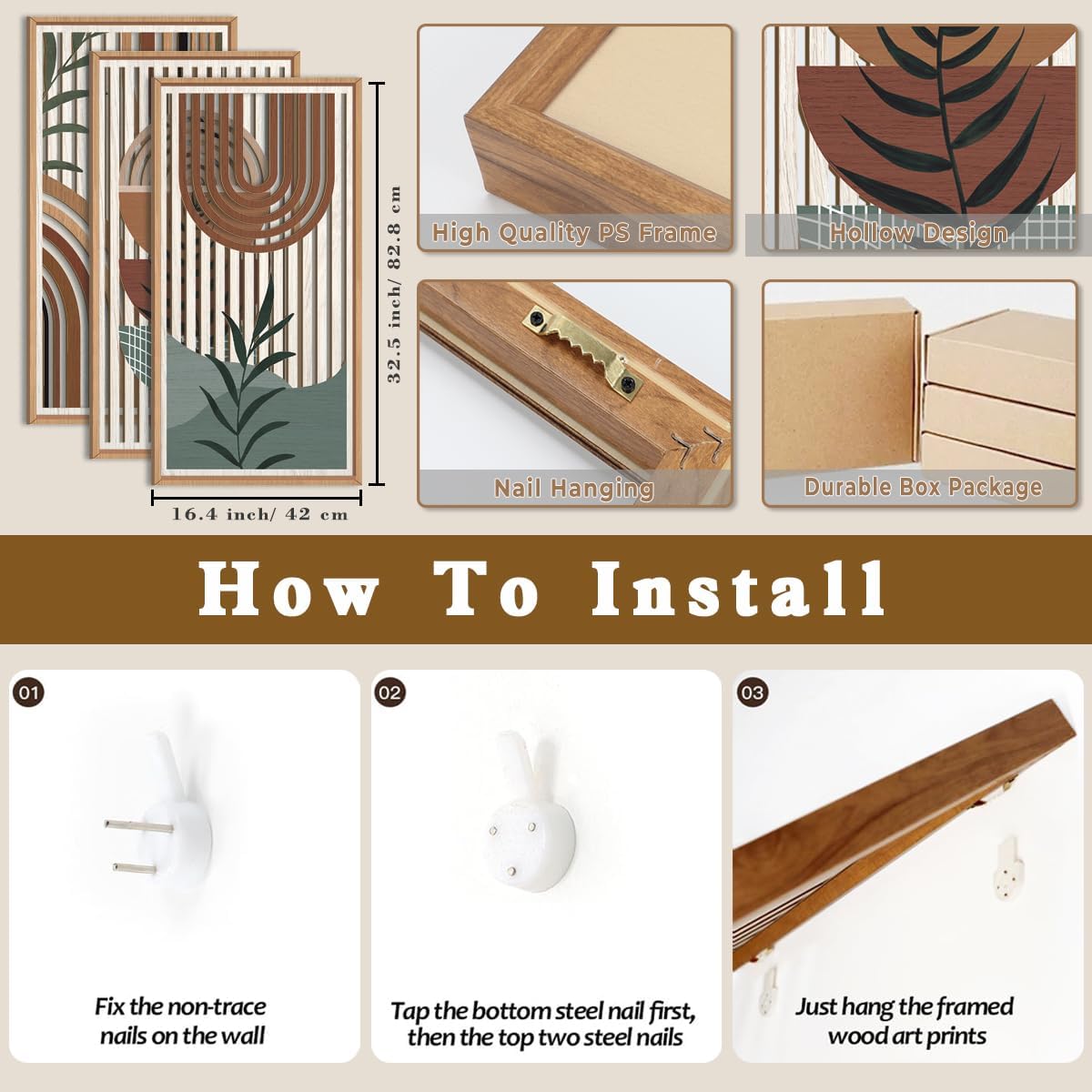 IARTTOP Large Boho Wall Art Set Of 3 Framed Mid Century Modern Wall Decor Abstract Geometric Wood Wall Art For Bedroom Living Room Office 16"x 32"