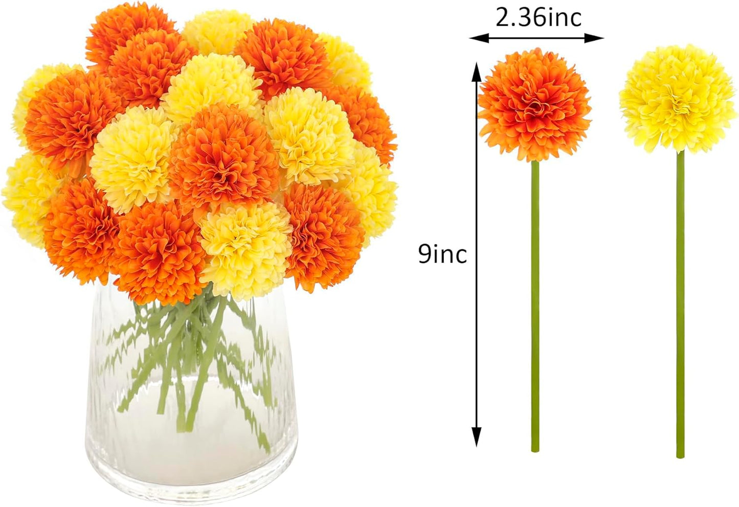 Kimura's Cabin 20Pcs Fake Silk Ball Flowers Artificial Chrysanthemum Faux Mums Bouquets Wedding Arrangements Halloween Home Table DIY Center Decoration (Orange Yellow)