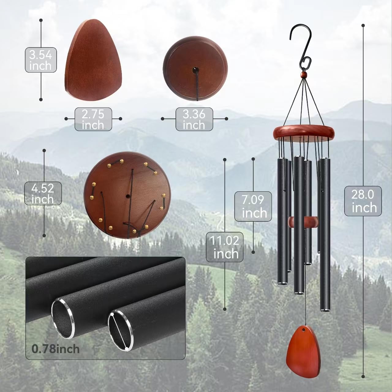 28" Black Wind Chimes for Mothers Day, Decorative Wind Chimes for Outside, Memorial Windchimes Remembrance Gift for Women Mom Grandma, Metal Windchime Outdoor Decor for Garden Patio Zen