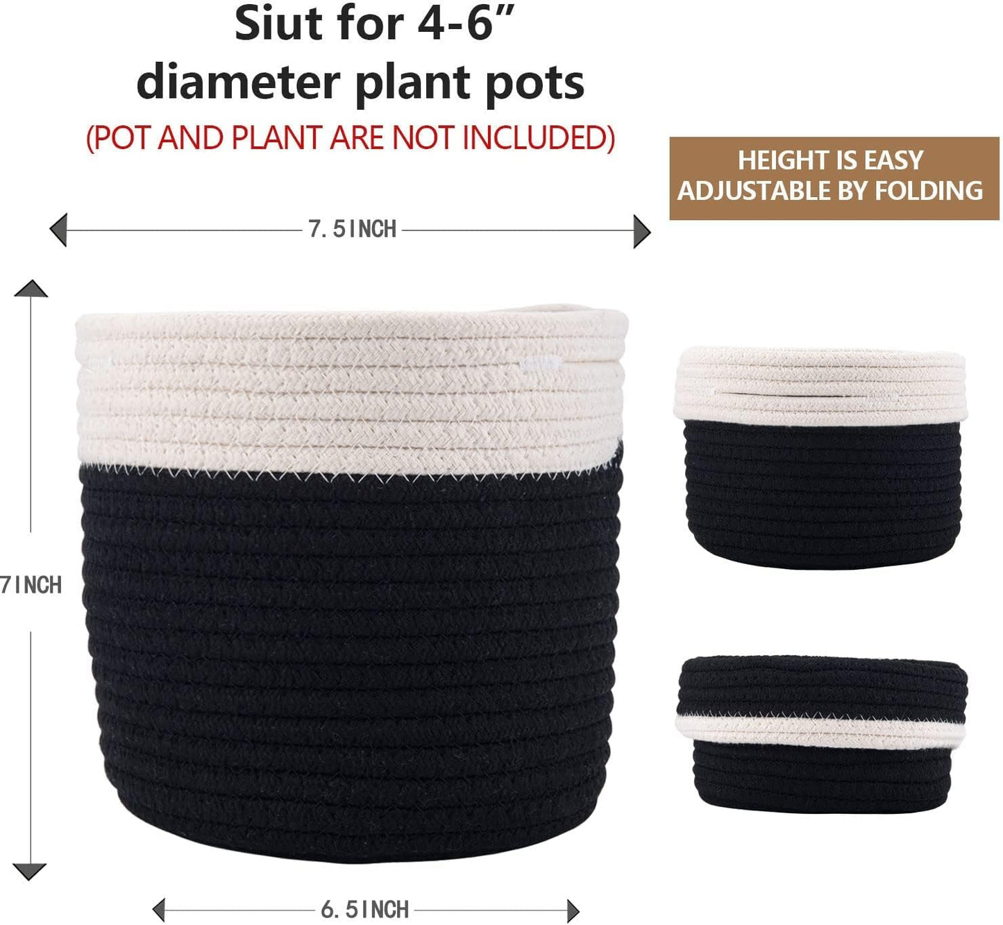 6.5 inch Planter Baskets for Indoor Planters Cotton Rope Flower Plant Pots Cover,Woven Storage Baskets for Crafts,Organization Modern Home Decor H6 3/4" x W6 1/2" Black&White