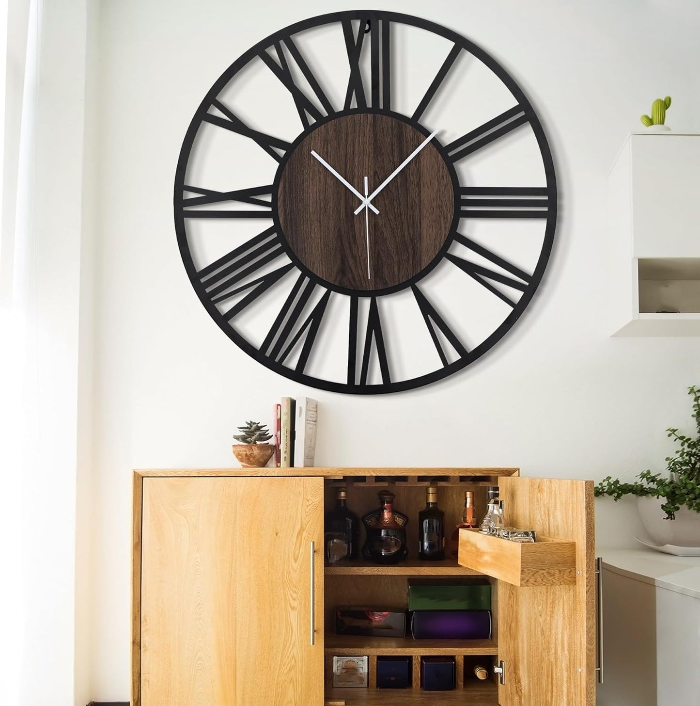 LEIKE 32" Oversized Large Wall Clocks,Silent,Non Ticking,Battery Operated Modern Round Big Wood Decorative Metal Wall Clock for Living Room, Bedroom,Kitchen,Farmhouse,Office Decor - Black,32 Inch