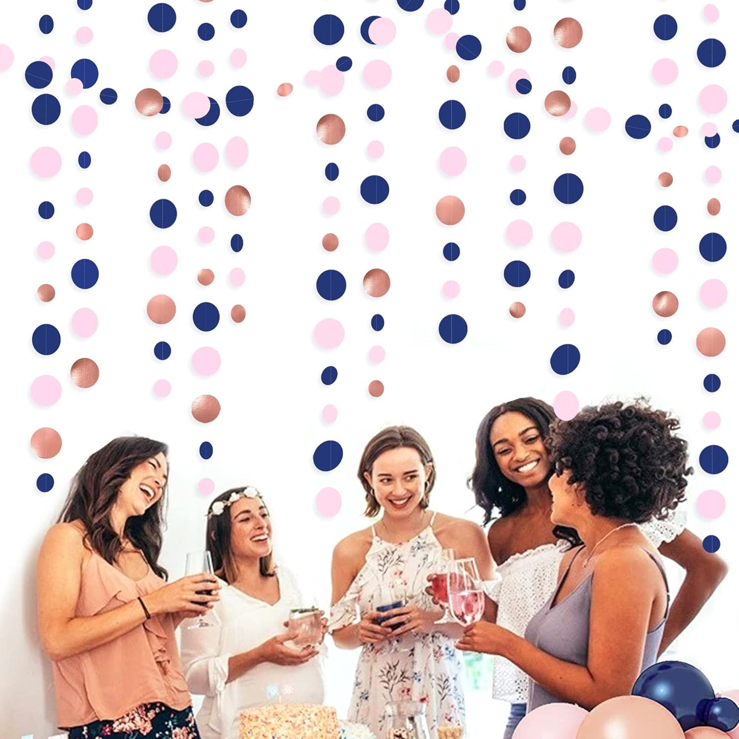 46Ft Navy Blue Blush Circle Dot Garland Royal Blue Pink Rose Gold Hanging Paper Polka Dot Streamer for Gender Reveal Baby Shower Birthday Engagement Wedding Bridal Shower Anniversary Party Decorations