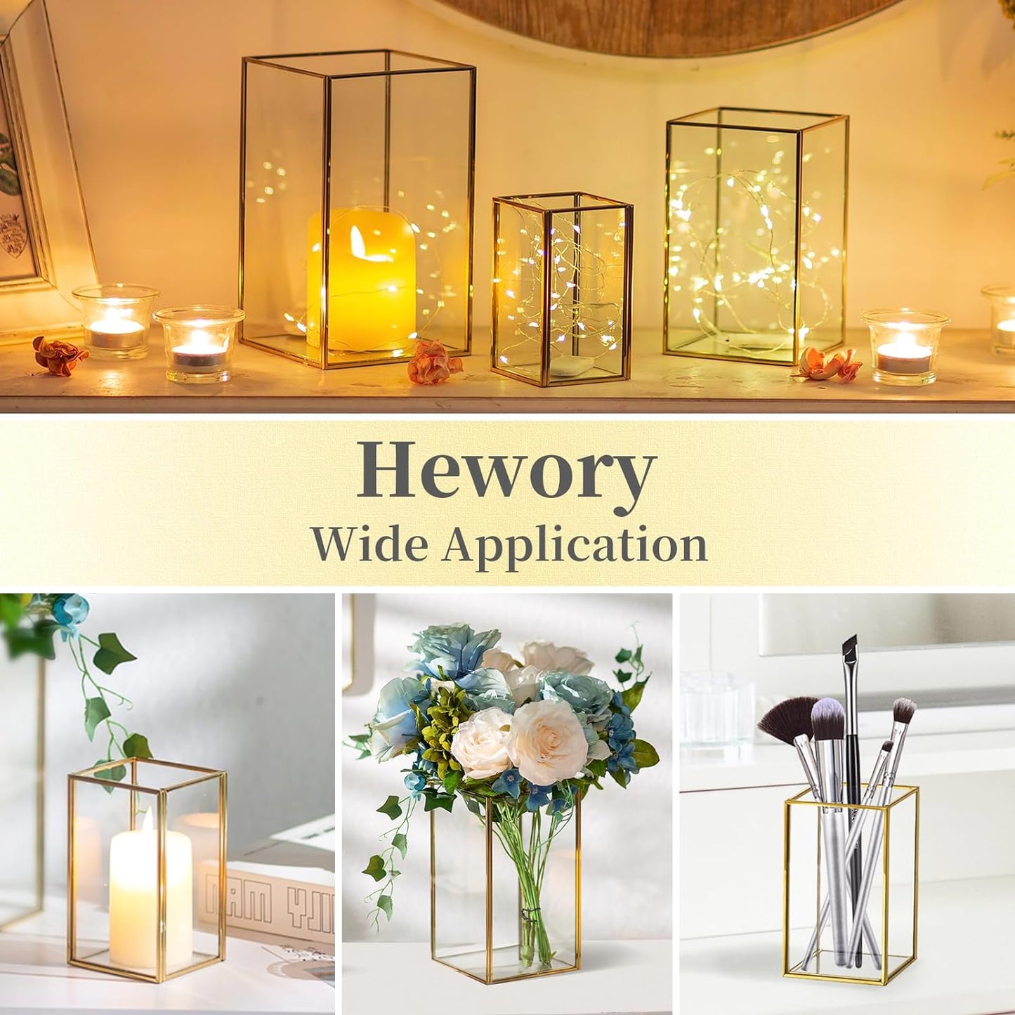 Glass Hurricane Candle Holder Large - Hewory 18pcs Gold Rectangle Flower Holders Centerpiece for Table, Tall Floor Square Pillar Candle Lantern for Wedding, Anniversary, Party, Fireplace, Dining Room