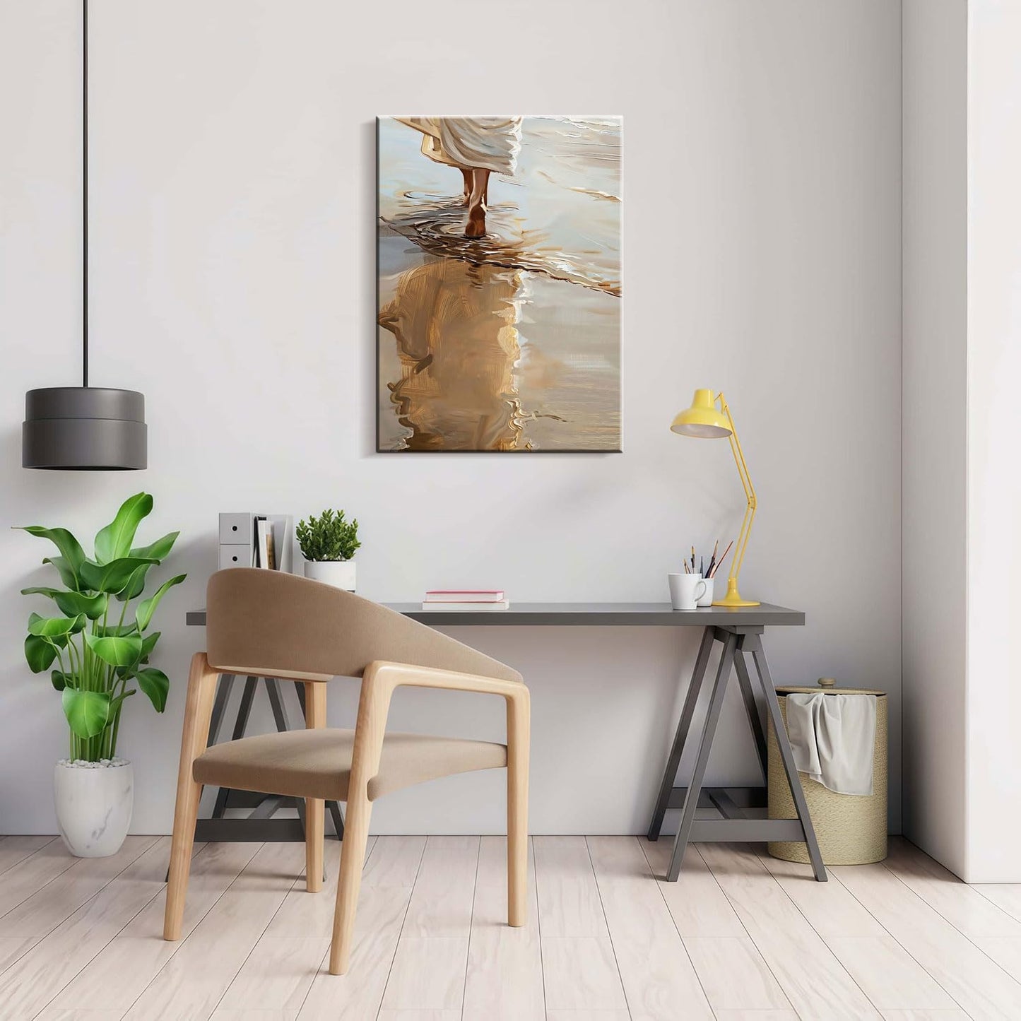 Framed Jesus Walking on the Beach Christian Religious Coastal FaithWall Art Decor Canvas Print Poster Gallery Picture Artwork for Living Room Bedroom 16x24 Inch Ready to Hang