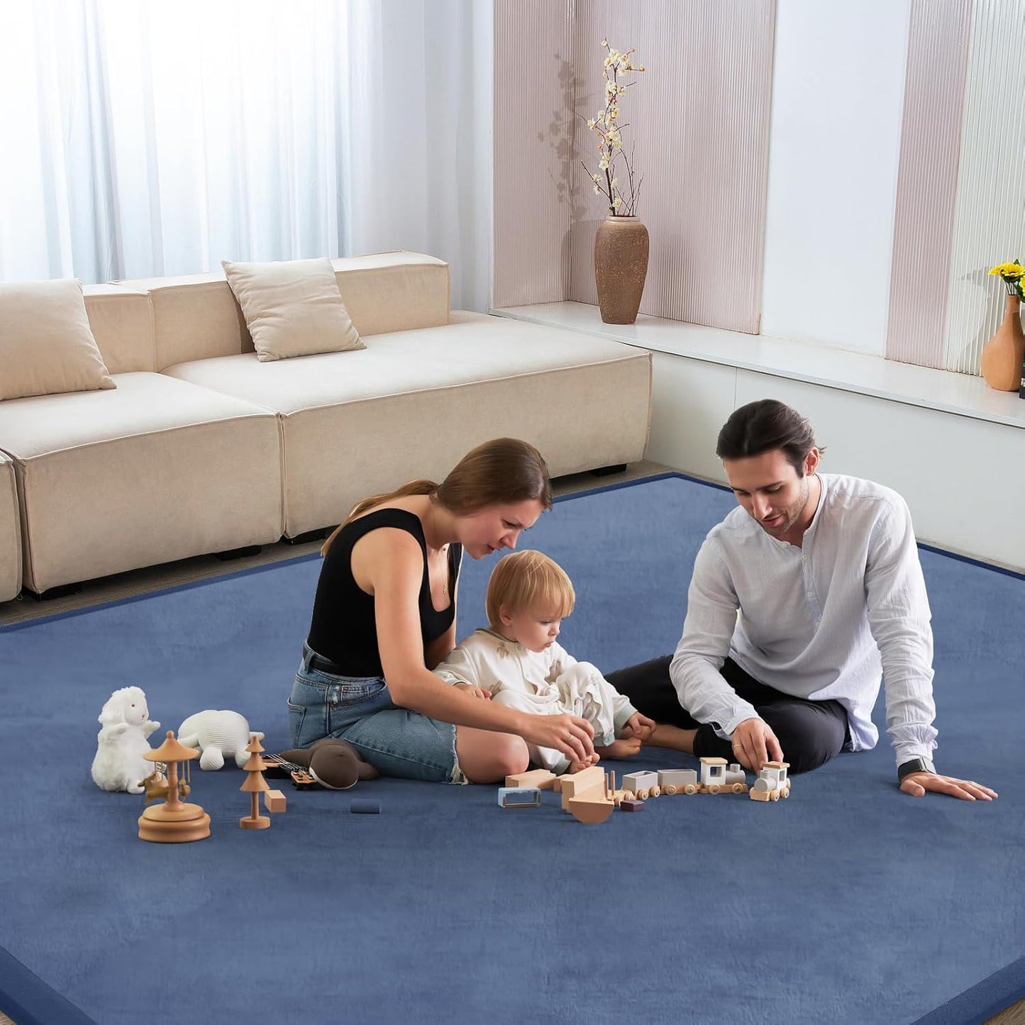 Baby Play Mat for Floor Tummy Time Nursery Rug Muscle Area Rug Playroom Rug Tatami 50 * 50" Memory Foam 1.3" Thick Crawling Mat For Babies,Toddlers, Infants, Kids,Floor Mat(Blue)