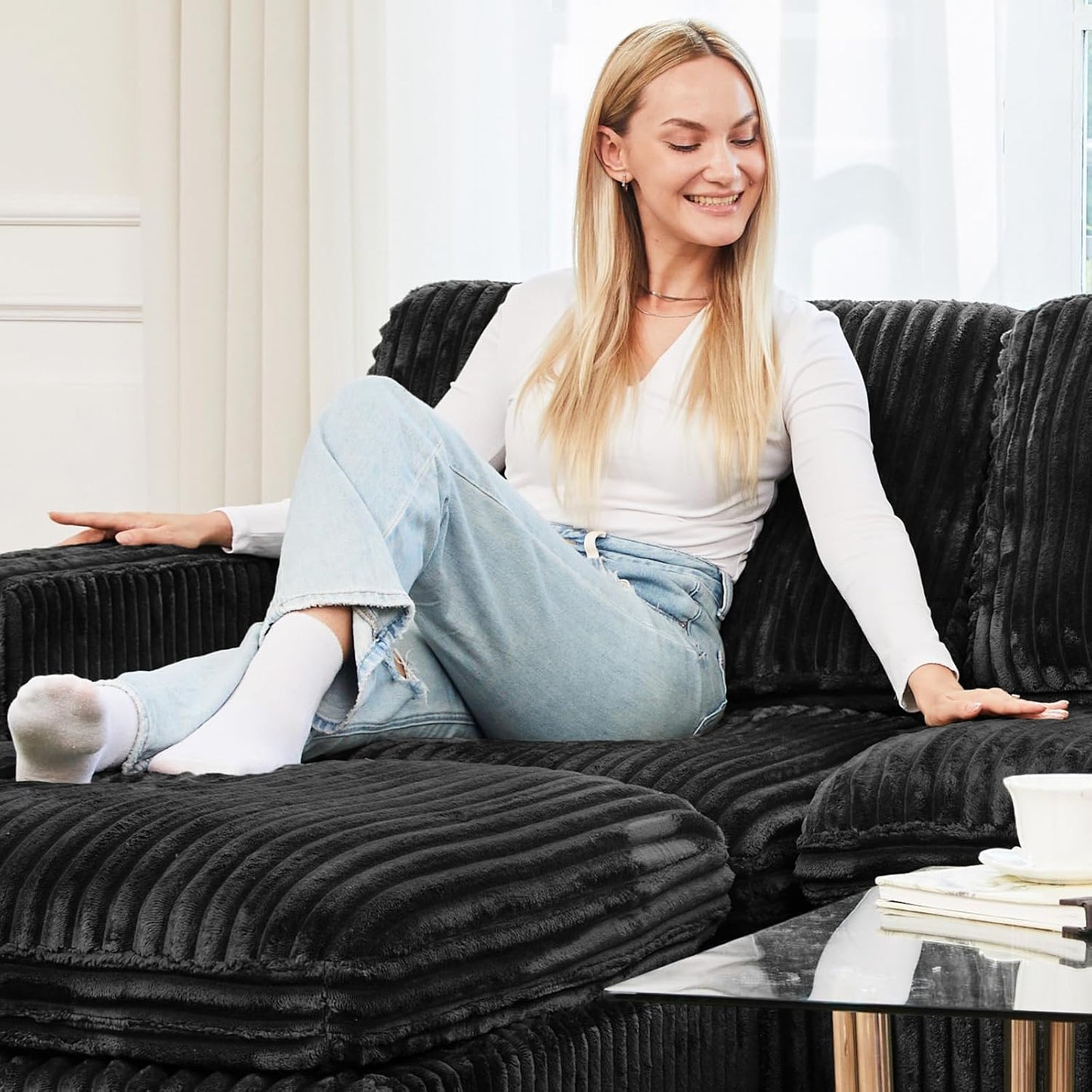 Belffin Modular Sectional Sofa with Storage Ottoman, Oversized Cloud Couch Sectional with Extra Deep Seat, Convertible Upholstered U Shaped Sectional Couches for Living Room, Plush Corduroy Black