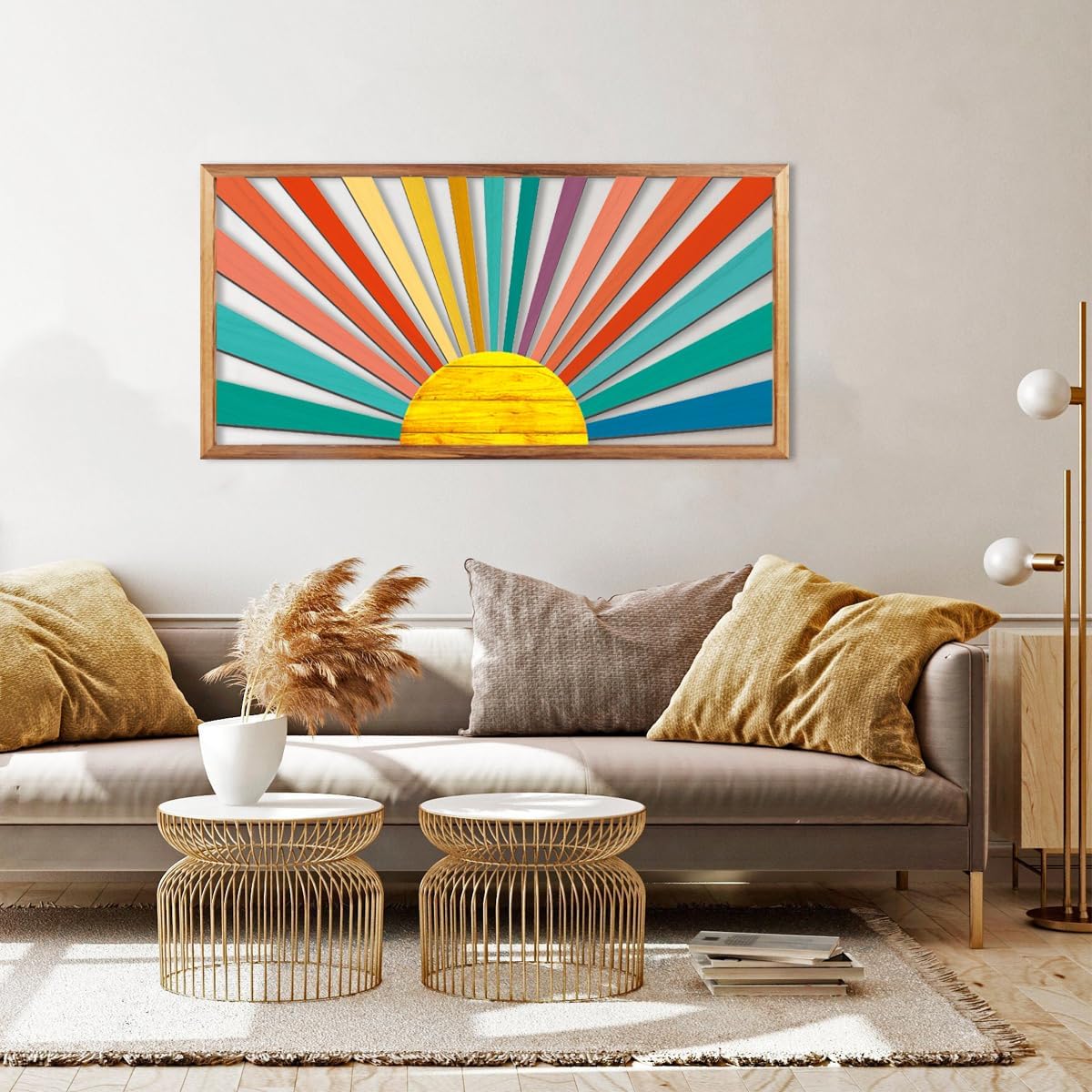 IARTTOP Large Boho Sun Wall Art Framed Wooden Art Wall Decor Sun Geometric Line Sunshine Wall Art for Living Room Bedroom Office 16"" x32, red