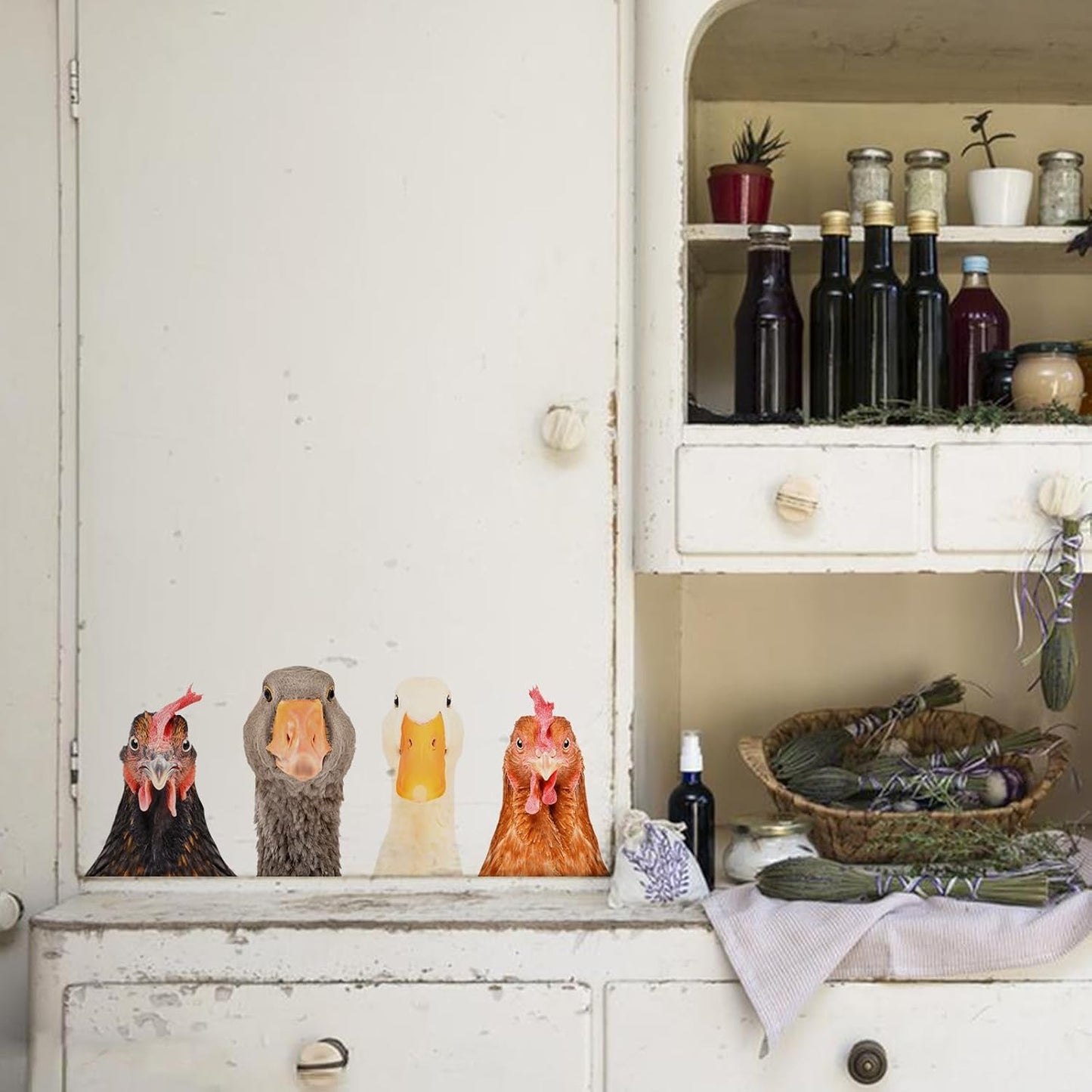 Funny Animal Windows Stickers Decor - 2 Hens Head & 2 Goose Head Window Cling Removable - Cute Animals Window Decals Peel and Stick - Funny Animals Wall Decor for Farmhouse Kitchen Door Refrigerator