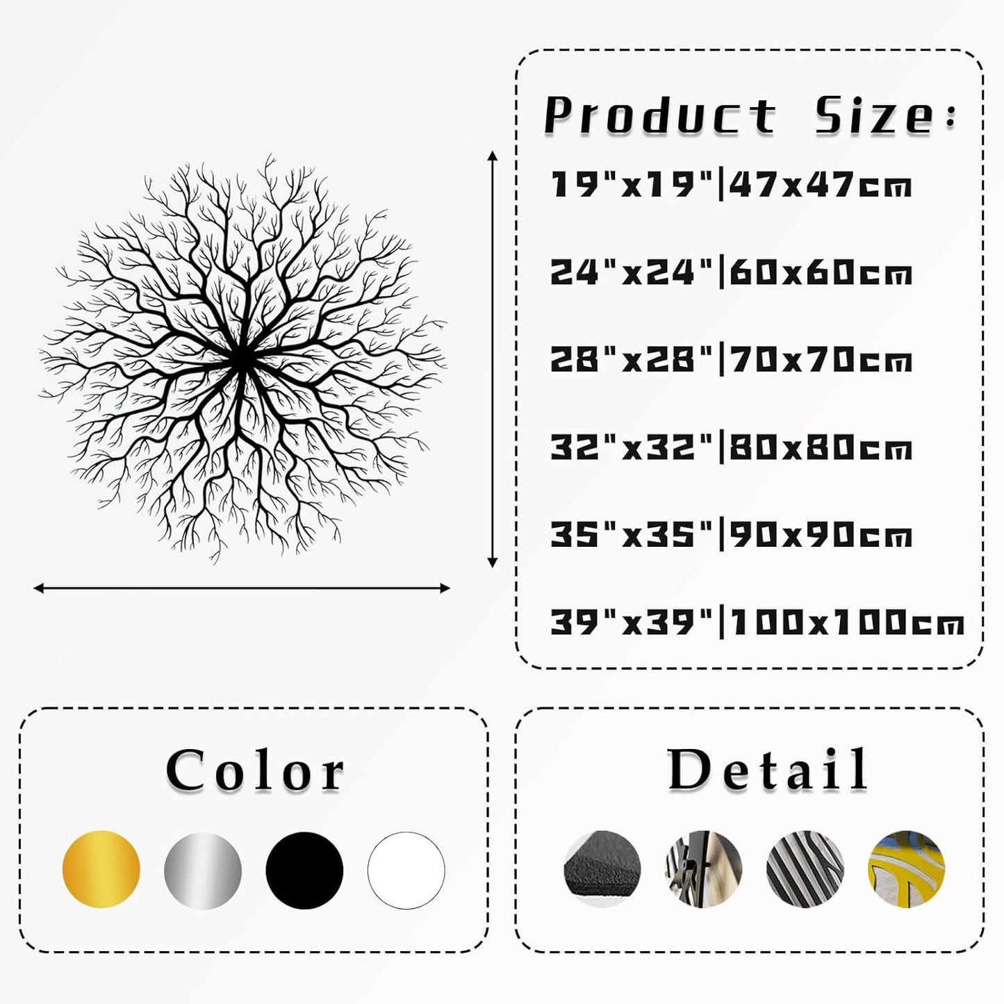 Tree of Life Metal Wall Art, Metal Tree Wall Art, Large Round Sculpture, Round Branch Wall Decor, Large Branch Artwork, Nature Sign, Wall Decor for Living Room, Housewarming Gift (Black, 19"x19"|47x47cm)