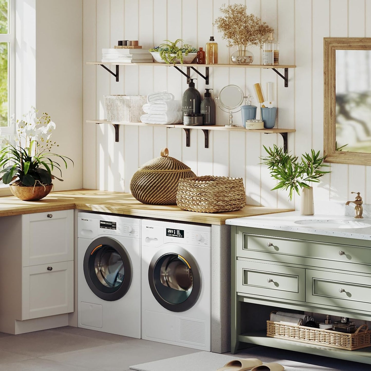 DINZI LVJ Long Wall Shelves, 47.3Inch Wall Mounted Shelves Set of 2, Extra Large Storage Ledges with Sturdy Metal Brackets for Living Room, Bathroom, Bedroom, Kitchen, Natural