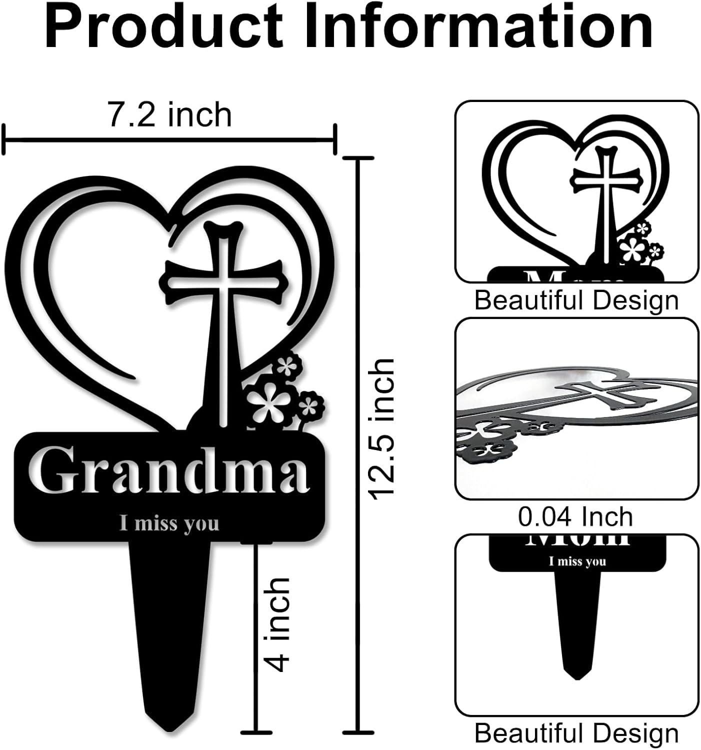 Grandma Memorial Grave Stake, Cemetery Decorations for Grave Markers 12.5 x 7.2 inch Heart Metal Sympathy Stakes Graveside Plaque Decor Sign for Grandma Graves, Yard, Garden - Black-Grandma