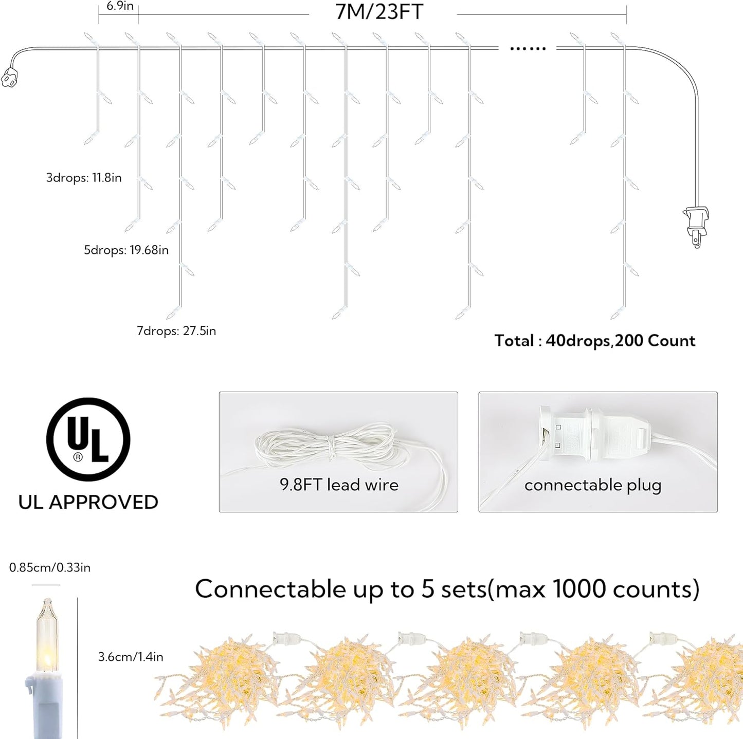 200 Christmas Icicle Lights, Warm White Clear Bulbs with 23FT Long White Wire, Professional Grade String Lights for Indoor & Outdoor,Xmas,Party, Patio, Courtyard, Window, Fence, Trees Decor