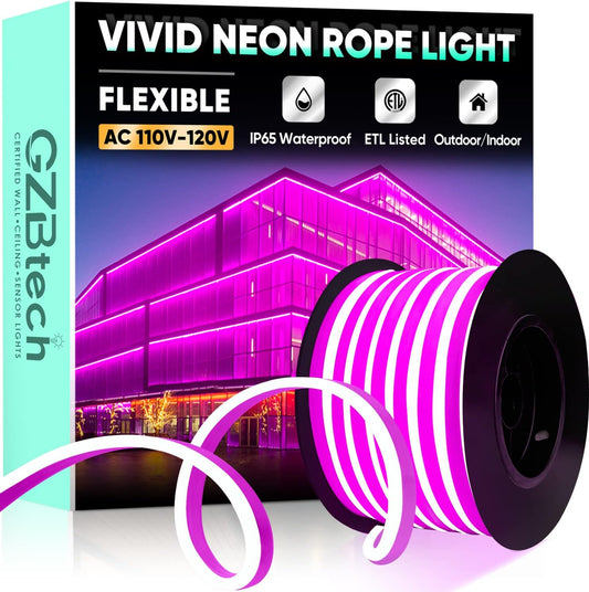 GZBtech Flexible LED Neon Rope Lights 50FT,AC 110-120V Waterproof Strip Light, 120 LEDs/M Cuttable Connectable Neon Lighting for Indoor Outdoor Home Decor/Commercial Building Use-Pink 15M