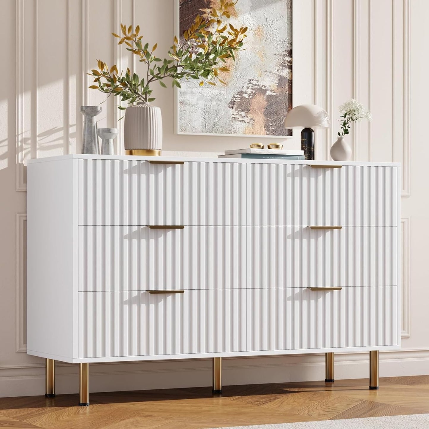 White 6 Drawer Dresser for Bedroom, Fluted 54" Wide Modern Chest of Drawers with Deep Drawers, Long Large Double Dresser TV Stand for Living Room, Hallway, Kids Room