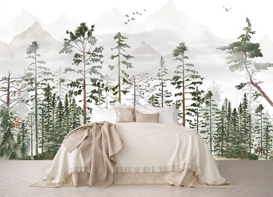 Animals Forests Birds Nature Landscapes Wall Mural, Hazy Mountains Wallpaper for Interior Background Wall Decoration（Not Peel and Stick）
