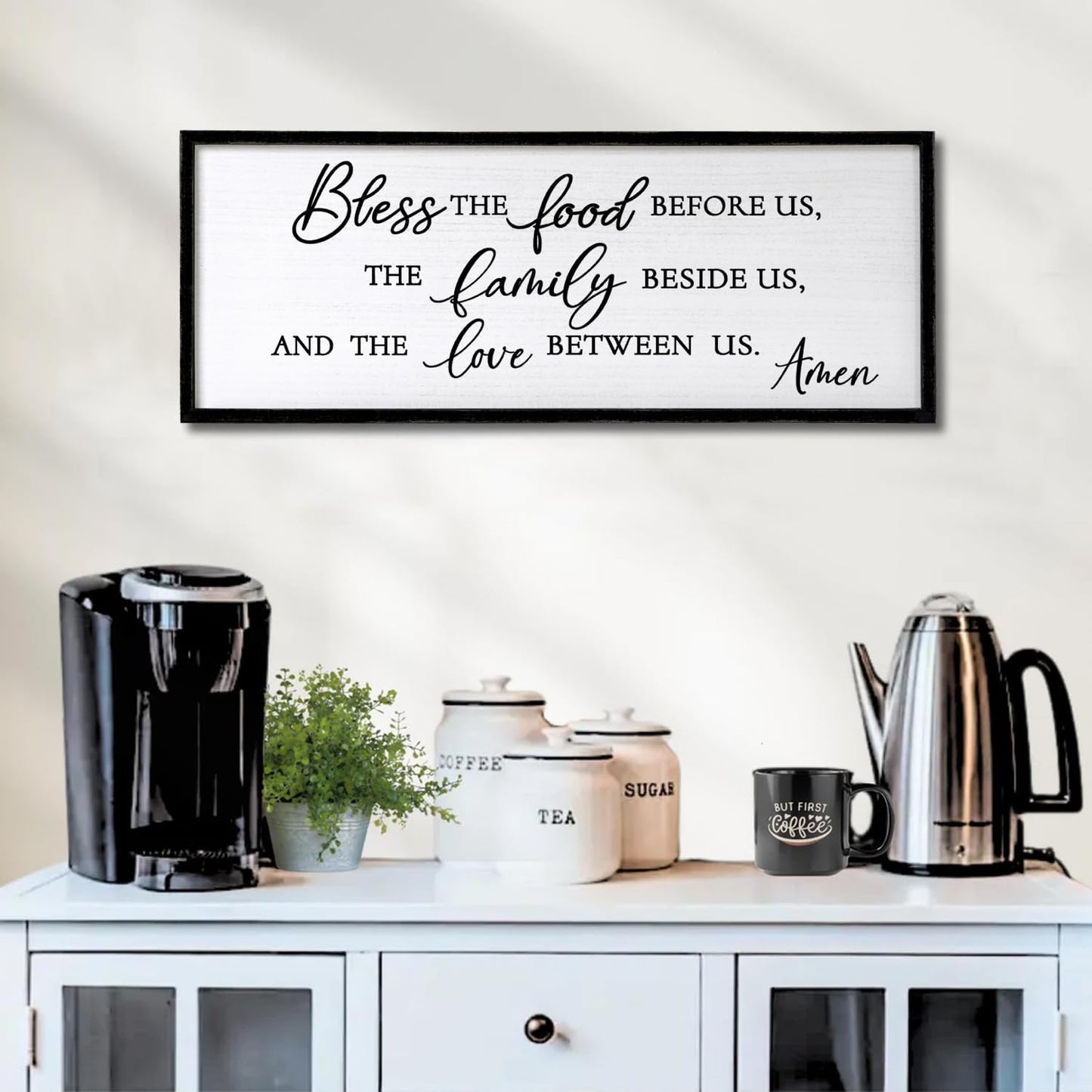 Bless the Food Before Us, the Family Beside Us, and the Love between us Framed Wall Art for Christian God Jesus Christ Prayer, 32''×12'' Positive Holy Religious Rustic Bible Verse for Dining Room