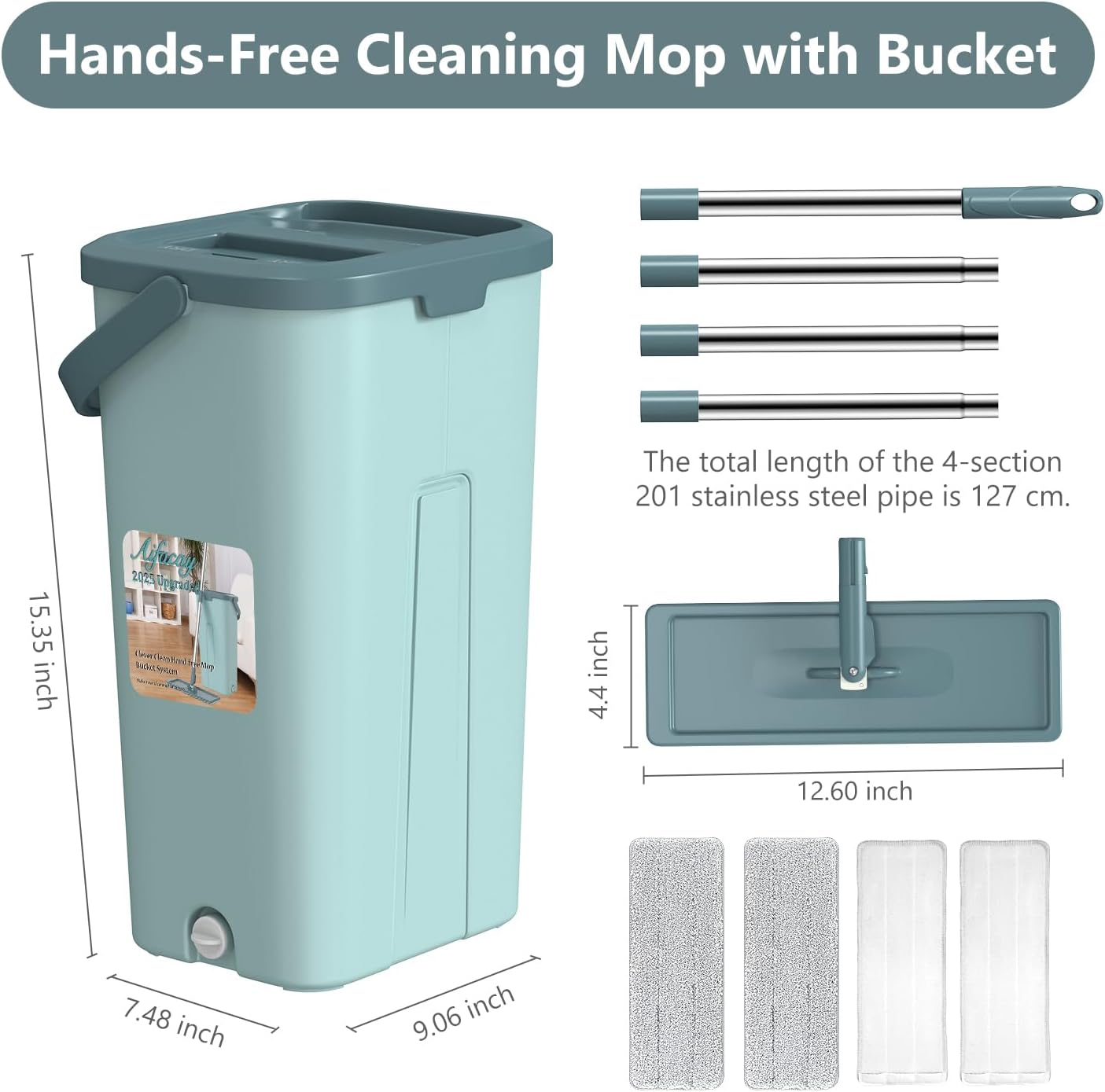 Aifacay Mop and Bucket with Wringer Set, Flat Wall Mop and Bucket Set with 4 Reusable Microfiber Pads, Hand Wash Free Floor Cleaning System Wet and Dry Use for Hardwood Tile Window Corner Baseboard