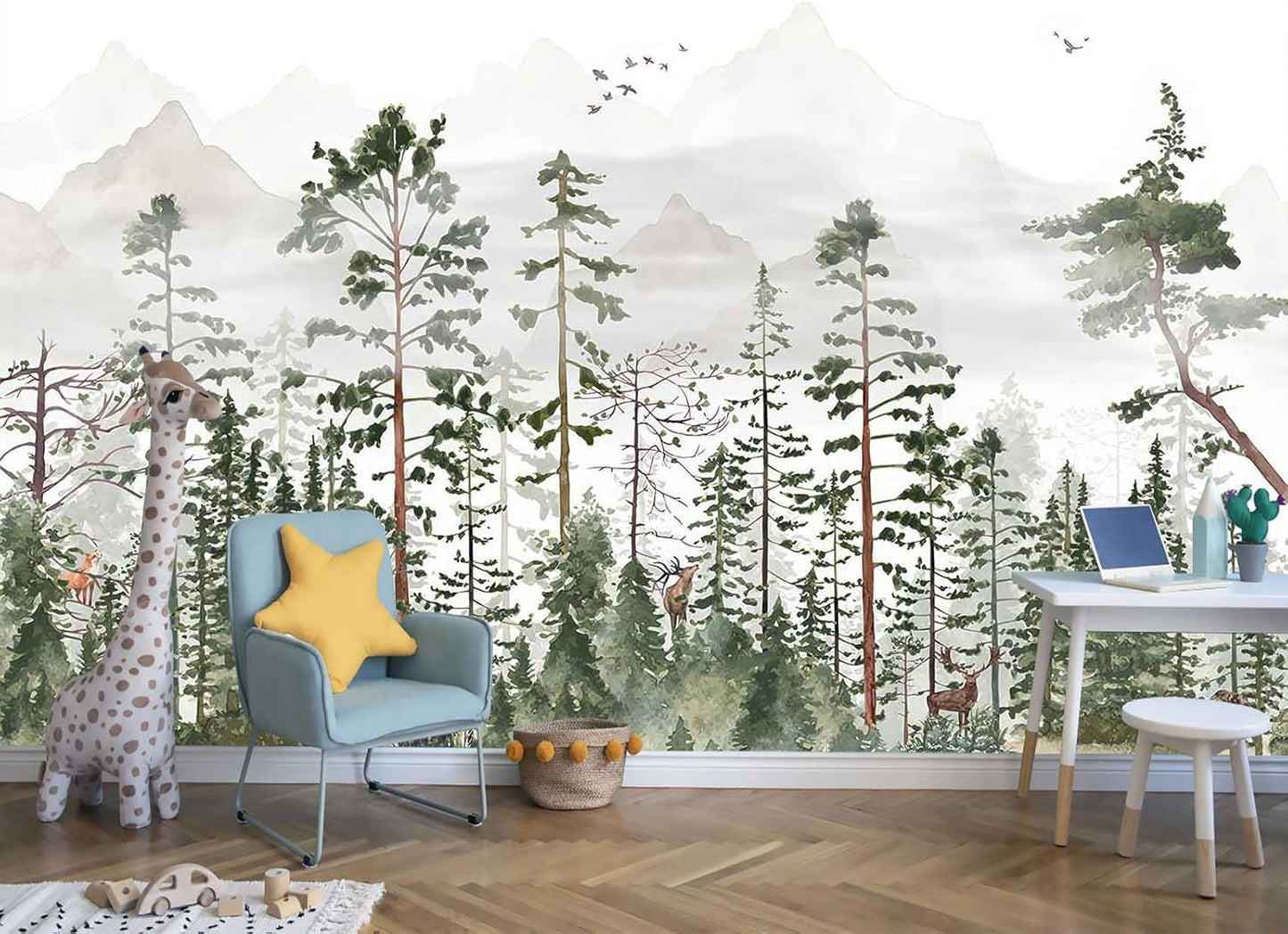 Animals Forests Birds Nature Landscapes Wall Mural, Hazy Mountains Wallpaper for Interior Background Wall Decoration（Not Peel and Stick）