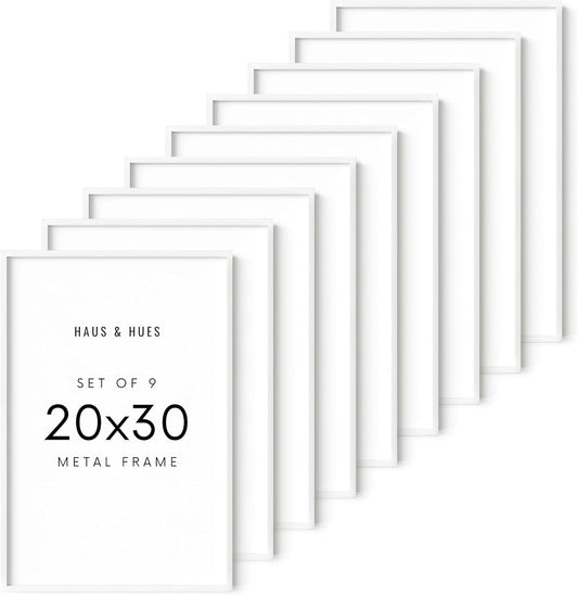 HAUS AND HUES 20x30 White Metal Picture Frames - Features Premium Aluminum, Vertical & Horizontal Hang, Shatterproof Plexiglass - Ideal for Home, Room, Office (20x30 in, White, Set of 9)