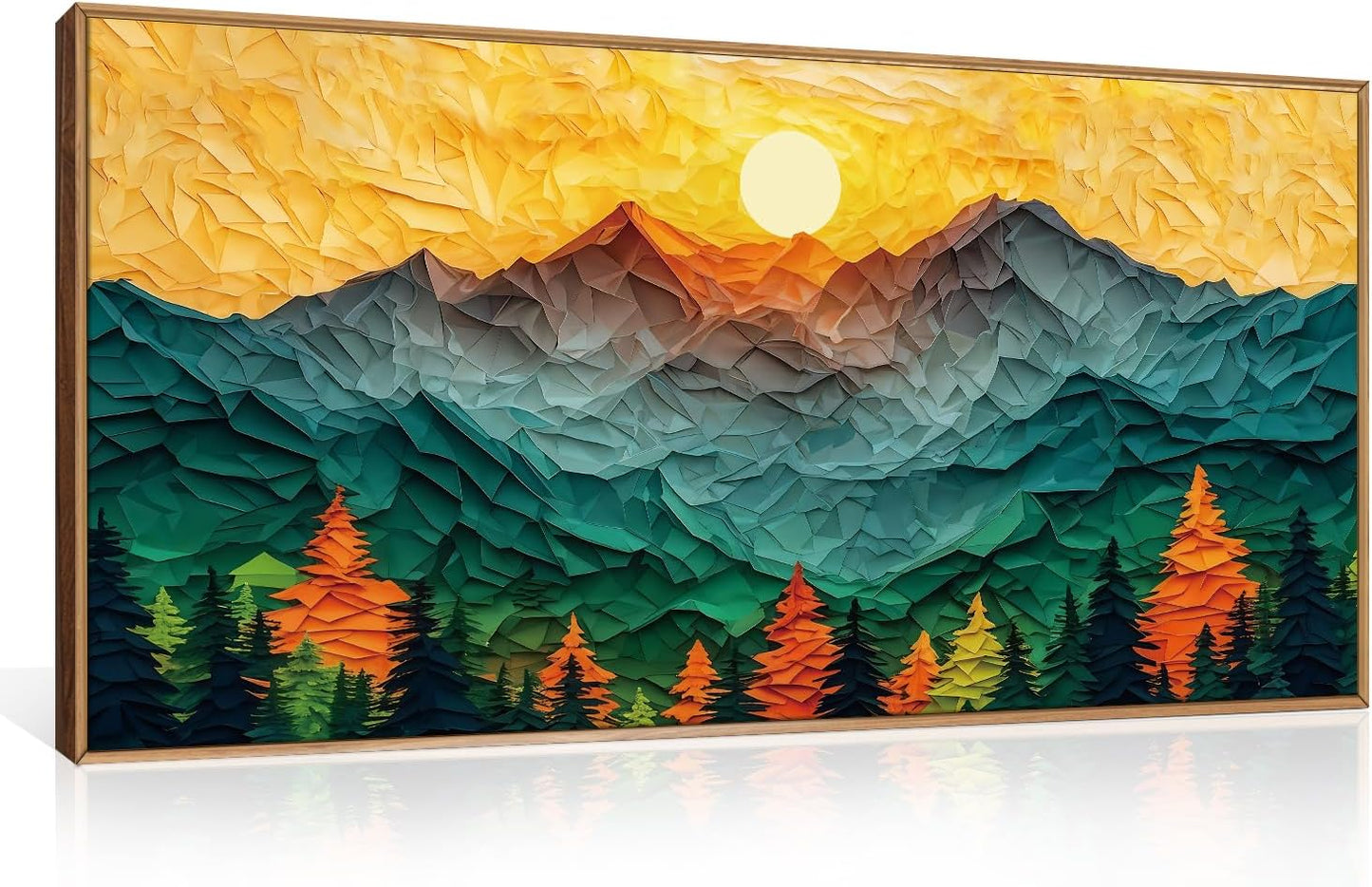 Abstract Sun Mountain Framed Canvas Wall Art Set, Forest Pine Tree Golden Sunset Wall Decor, Mixed Patchwork Landscape Art Print for Living Room, Bedroom, Dining Room, Office - 20"x40"