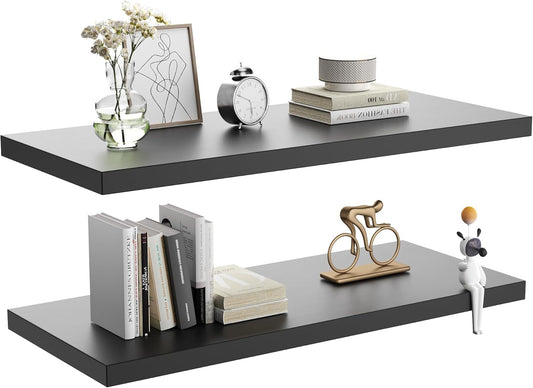 Wall Shelf Set of 2, Black Floating Shelves 36 in W x 10 in D x 1 in H, Wooden Floating Wall Shelf with Invisible Brackets for Living Room/Bedroom/Bathroom/Kitchen Storage and Decor