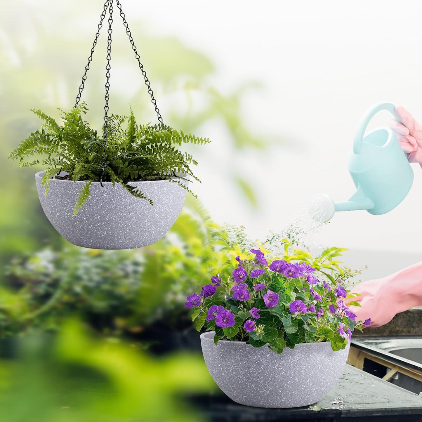 13 inch Large Hanging Planters Plant Pots for Outdoor Indoor Plants with Drainage Holes and Chain, 2 Pack Round Hanging Flower Pots for Garden Home Porch Decor, Speckled Grey