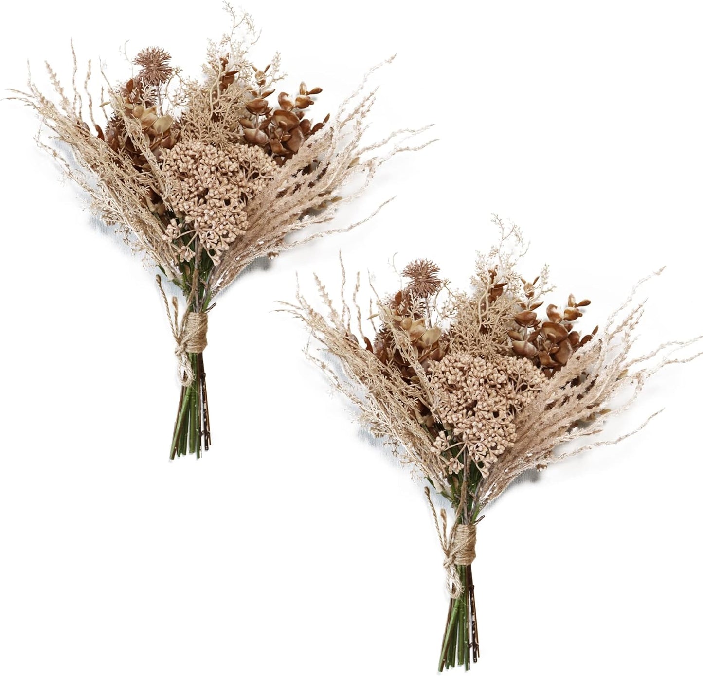 2 Pack Boho Artificial Flowers Plants Bouquet Decoration 13.8inch, Fake Plastic Brown Eucalyptus and Beige Grasses, Faux Floral Arrangement for Wedding Centerpieces Party Home Fall Decor
