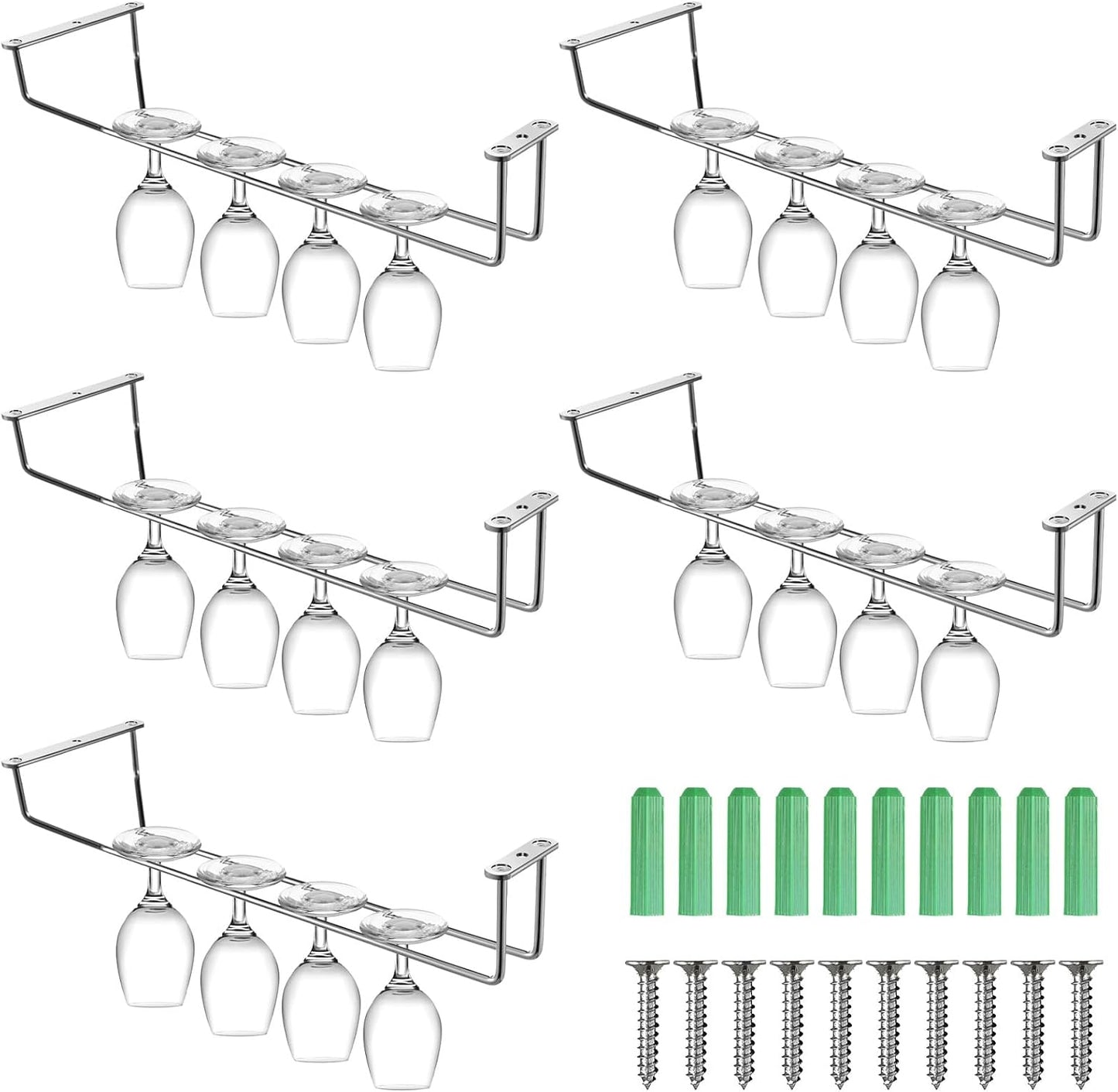 5 Pack Wine Glass Rack Stainless Steel Wine Glass Holder, 14inch Hanging Stemware Rack for Bar Kitchen Cabinet