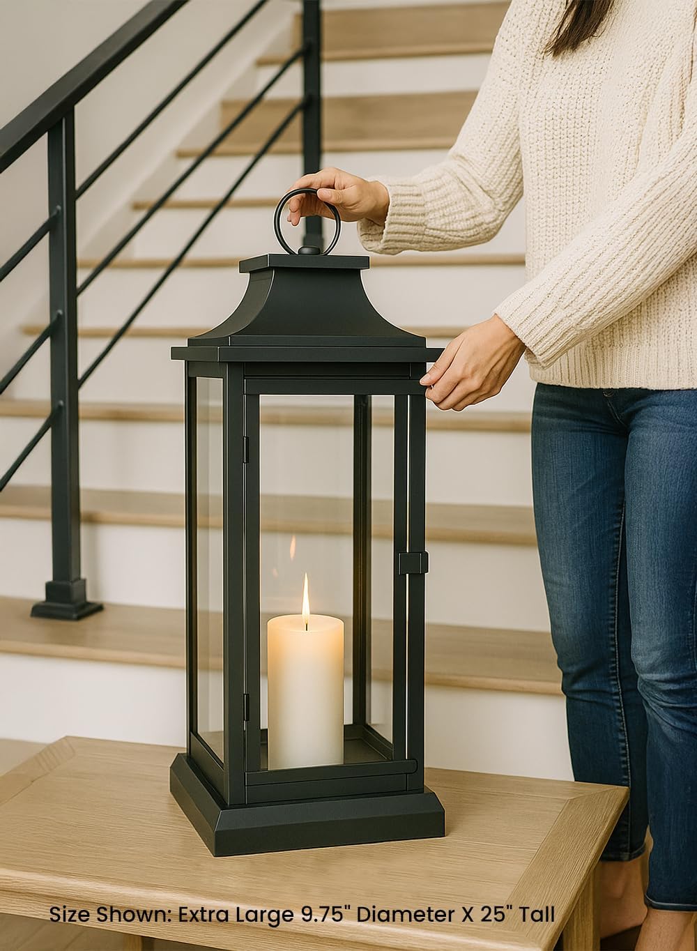 Serene Spaces Living 25" Tall Black Decorative Hurricane Lantern with Clear Glass Panels - Indoor Lantern and Outdoor Lantern for Porch, Events, Parties, & Table Top Decor - Extra Large Lantern