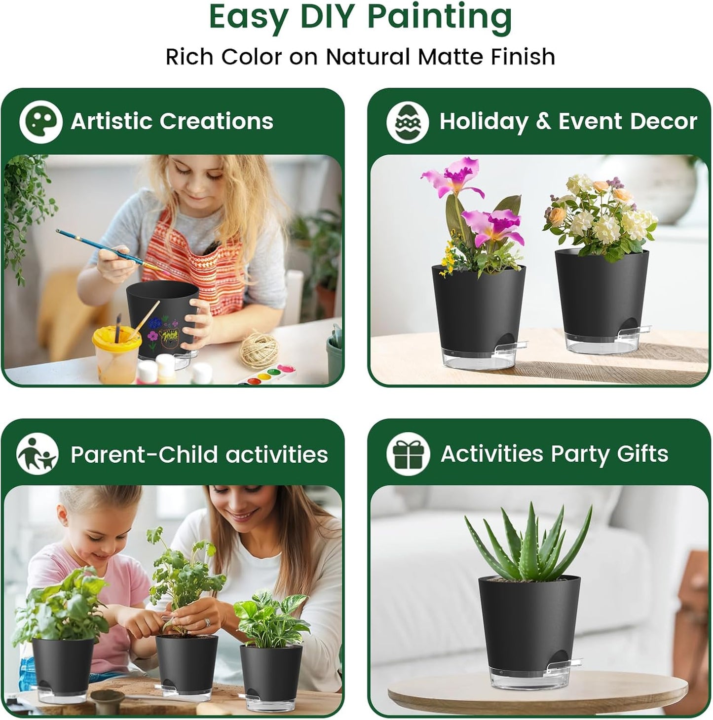 4 inch Self Watering Pots for Indoor Plants, 5 Pack Small Flower Plant Pots with Drainage Holes and Clear Reservoirs, Visible Water Level, Plastic Planters with Wicking Rope, Black