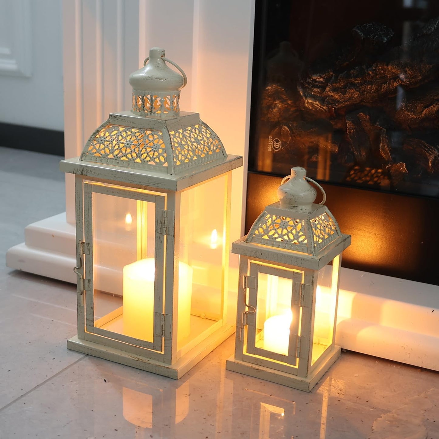 DECORKEY Large Lantern Decorative Outdoor & Indoor, Set of 2 (14’’&10’’) Metal Candle Lanterns Decor, Vintage Hanging Candle Holder for Front Porch Patio Wedding Farmhouse Home, Spring Decoration