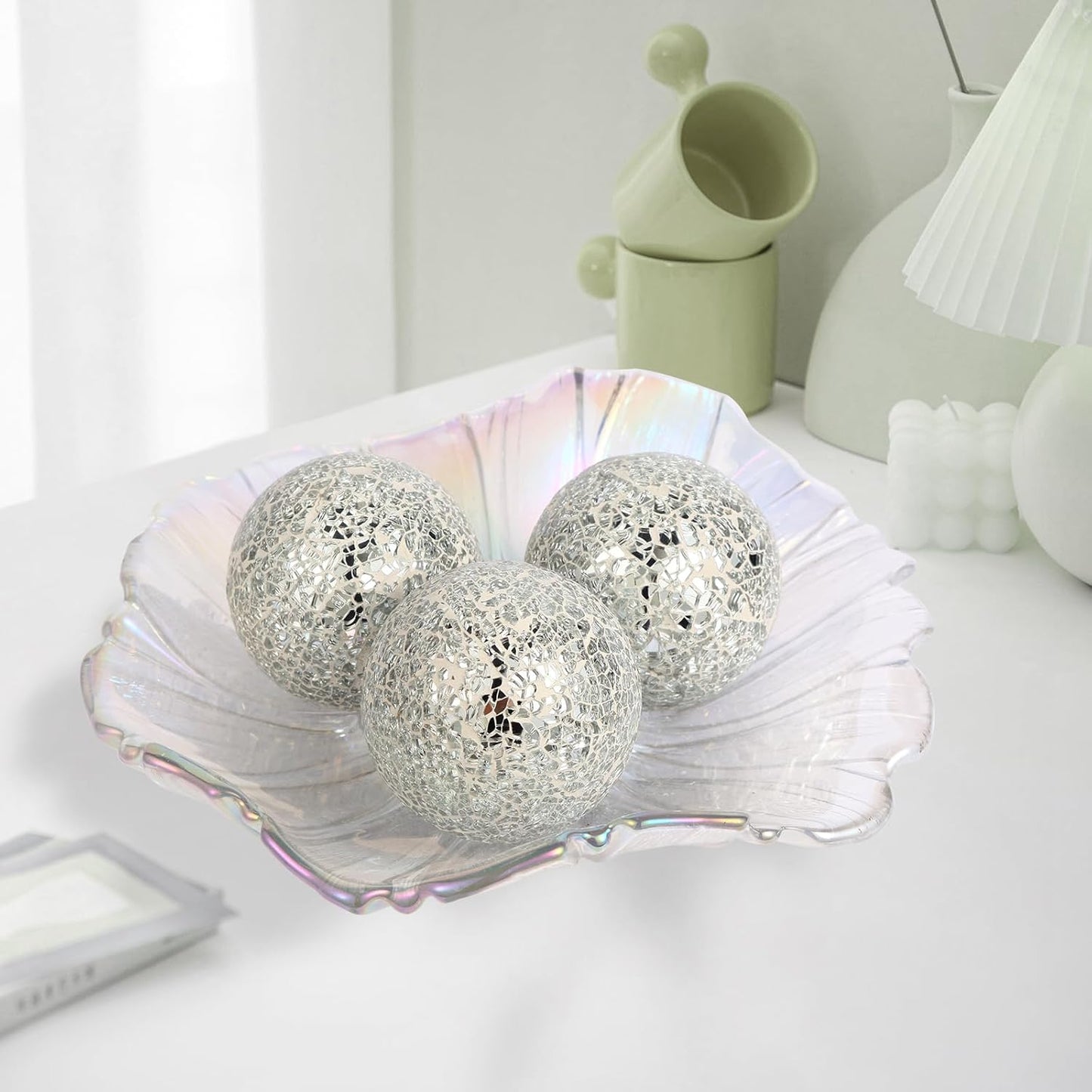 6Pcs Decorative Ball for Bowls, 8cm/3.15inch Mosaic Glass Centerpiece Decoration Balls Mirror Glass Ball Fillers for Home Decor Dining Tables Wedding Party (Sliver)