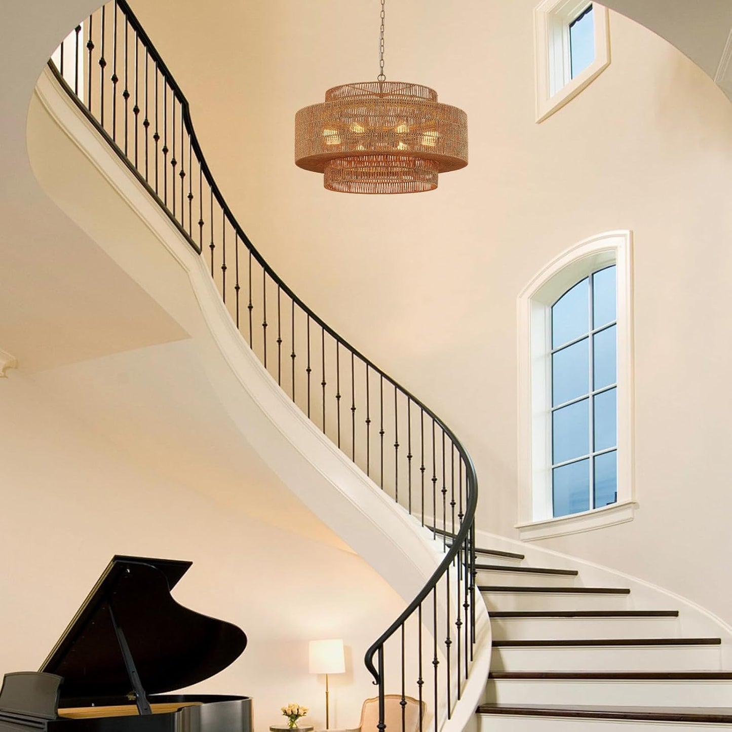 30” Large Rattan Chandelier Light Fixture 8-Light Vintage Farmhouse Hand-Woven Boho Bamboo Rattan Chandelier 3-Tier Drum Wicker Gold Chandeliers for Dining Room, Kitchen, Living Room