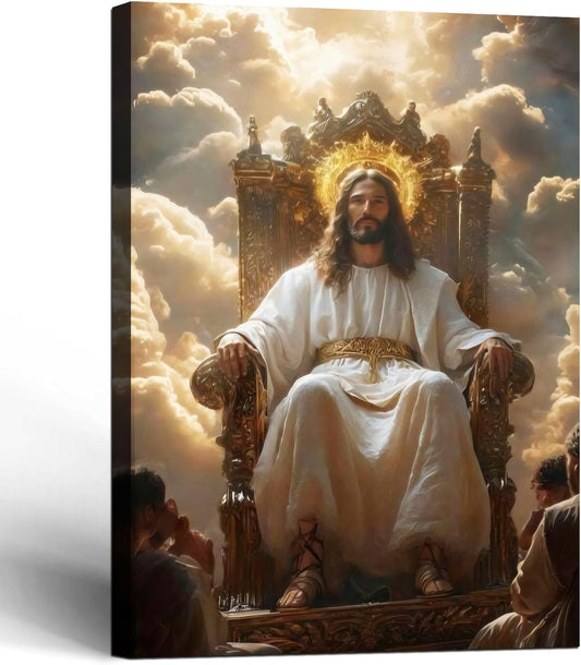 Framed Canvas Wall Art Painting Jesus Sitting on the Throne Religious Poster Faith Revelation Gallery Picture Print for Living Room Bedroom Church Decor 24x36 Inch Ready to Hang