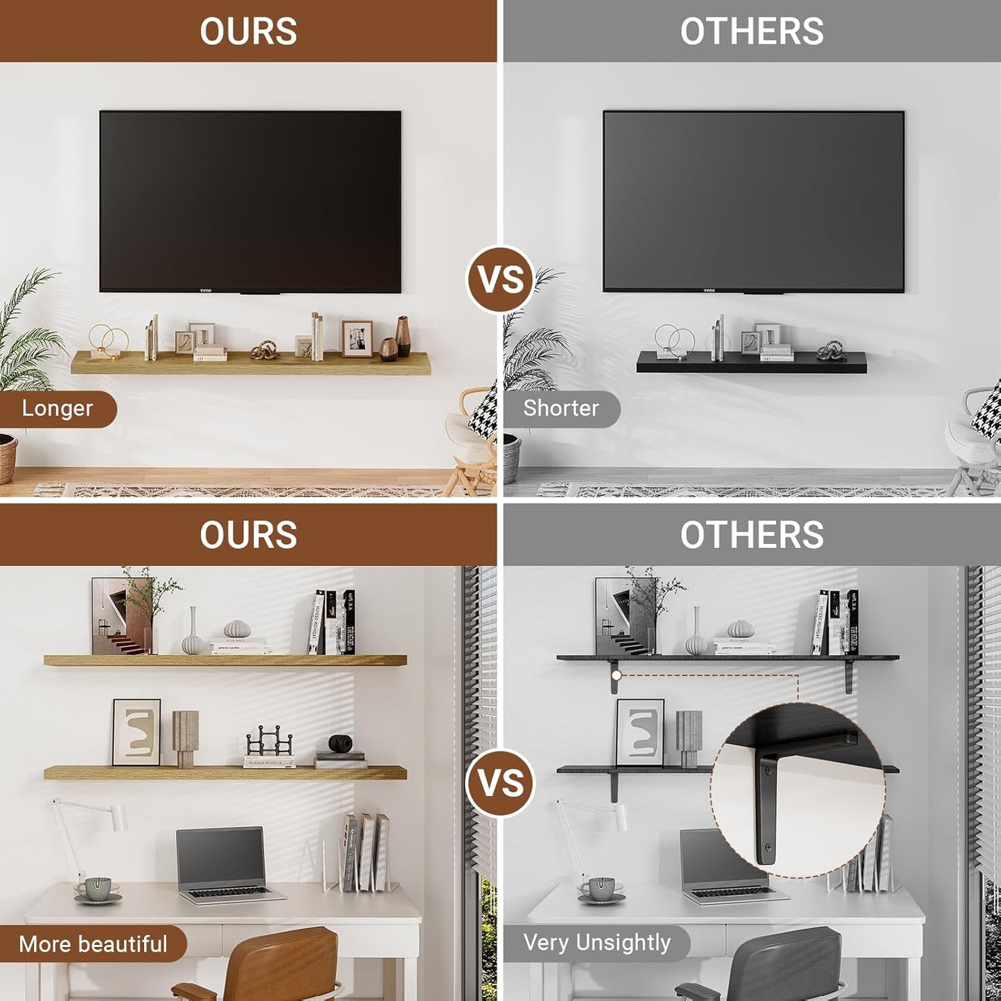 Heimlove 40 Inches Floating Shelves for Wall,9.3" Deep Oak Long Floating Shelves Set of 2,Large Display & Storage Shelf,Wall Shelf for Bathroom Bedroom Living Room Kitchen Office