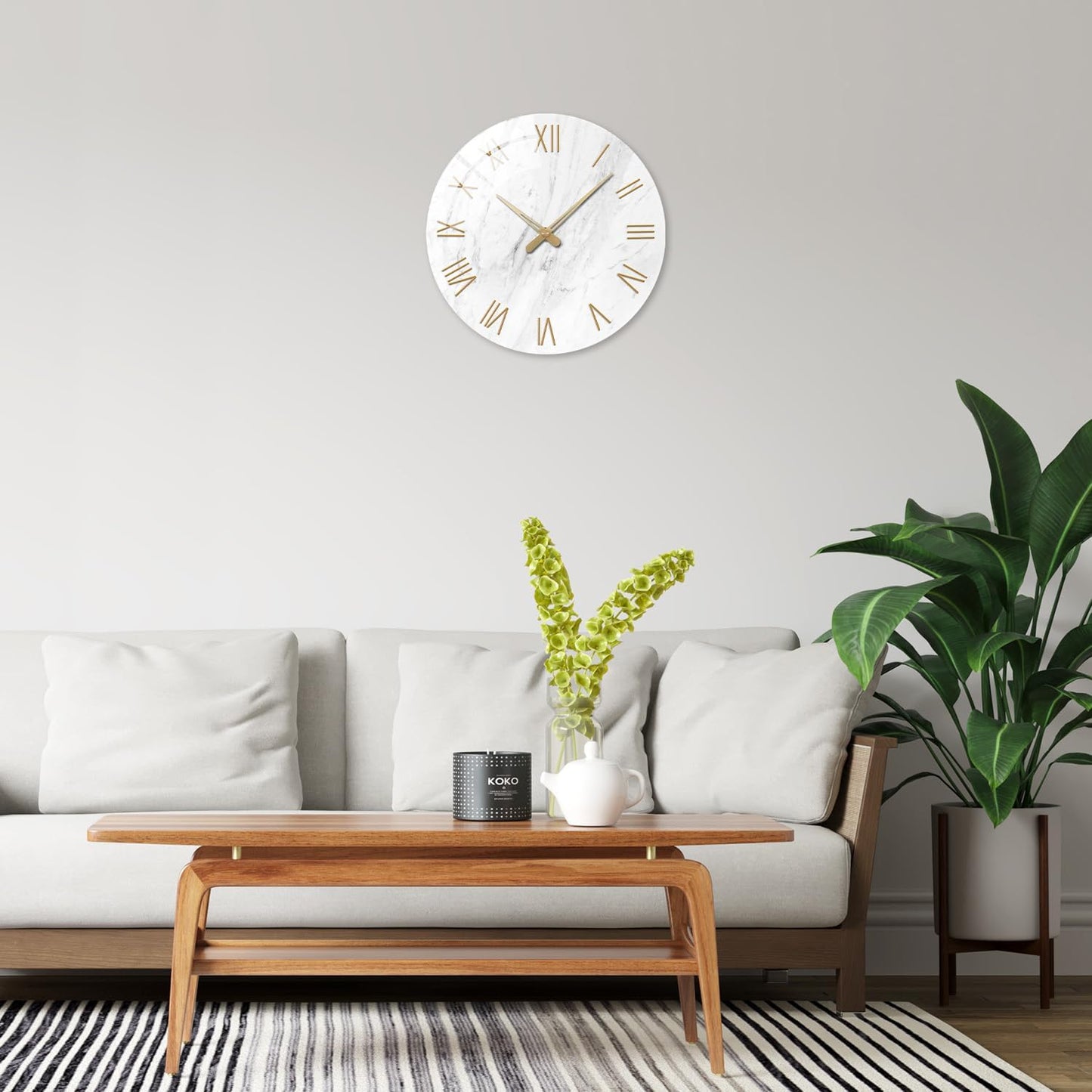 White Small Wall Clocks Battery Operated Marble Analog Clock for Bedroom 12 Inch Round Silent Wall Clock Modern
