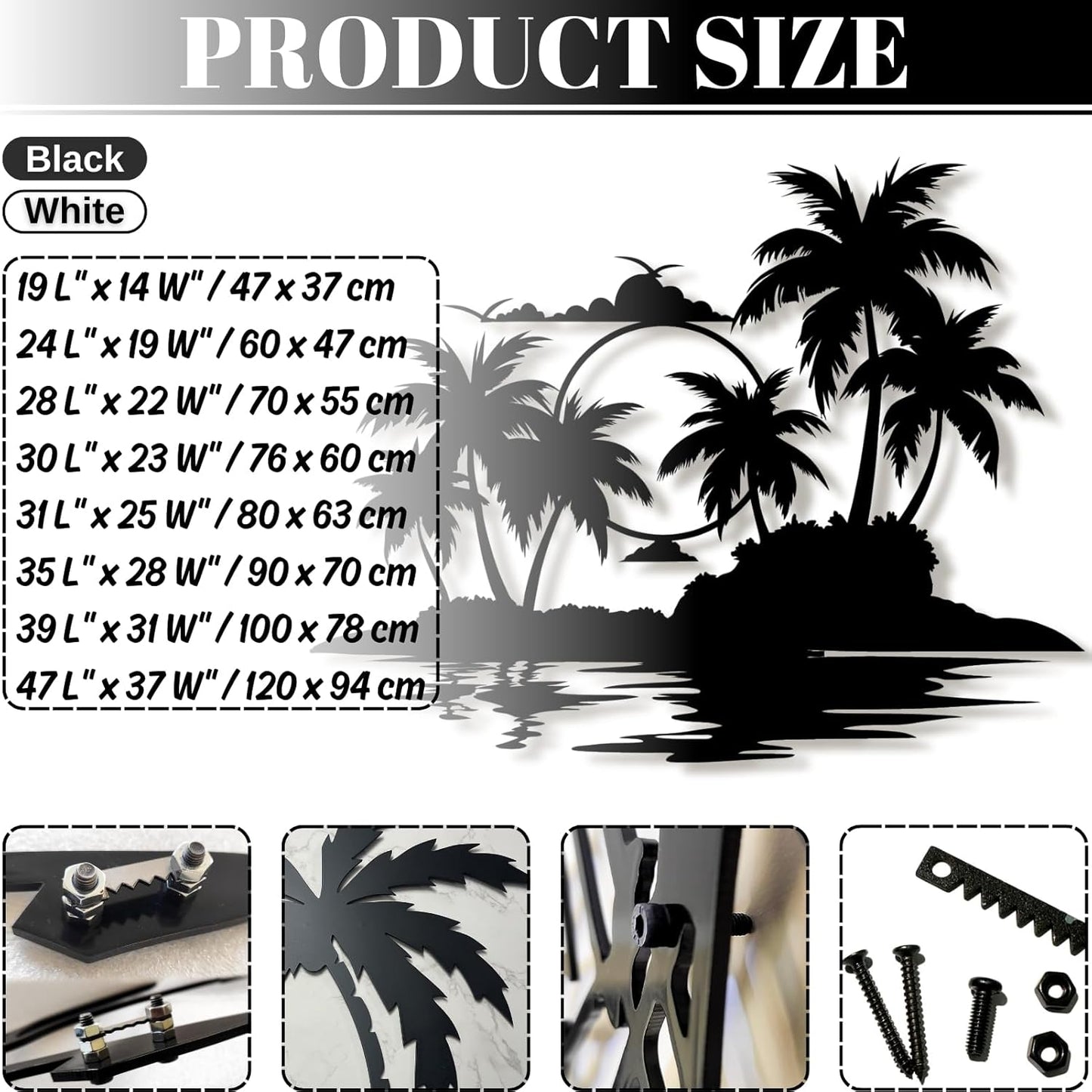 Lunwall Palm Tree Metal Wall Art, Tropical Palm Tree Wall Decor, 30 L" x 23 W" / 76 x 60 cm, Wall Mount, Indoor and Outdoor, Black