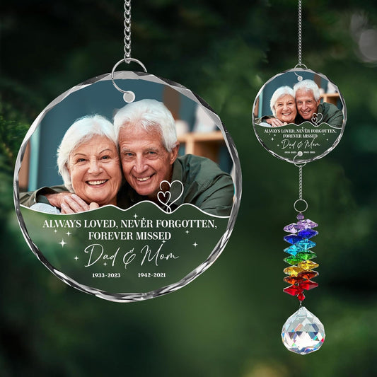 Personalized Memorial Ornament for Dad & Mom – Custom Photo Suncatcher with Names & Dates – Always Loved Never Forgotten – Loss of Parents Christmas Ornament – Remembrance Gift for Family