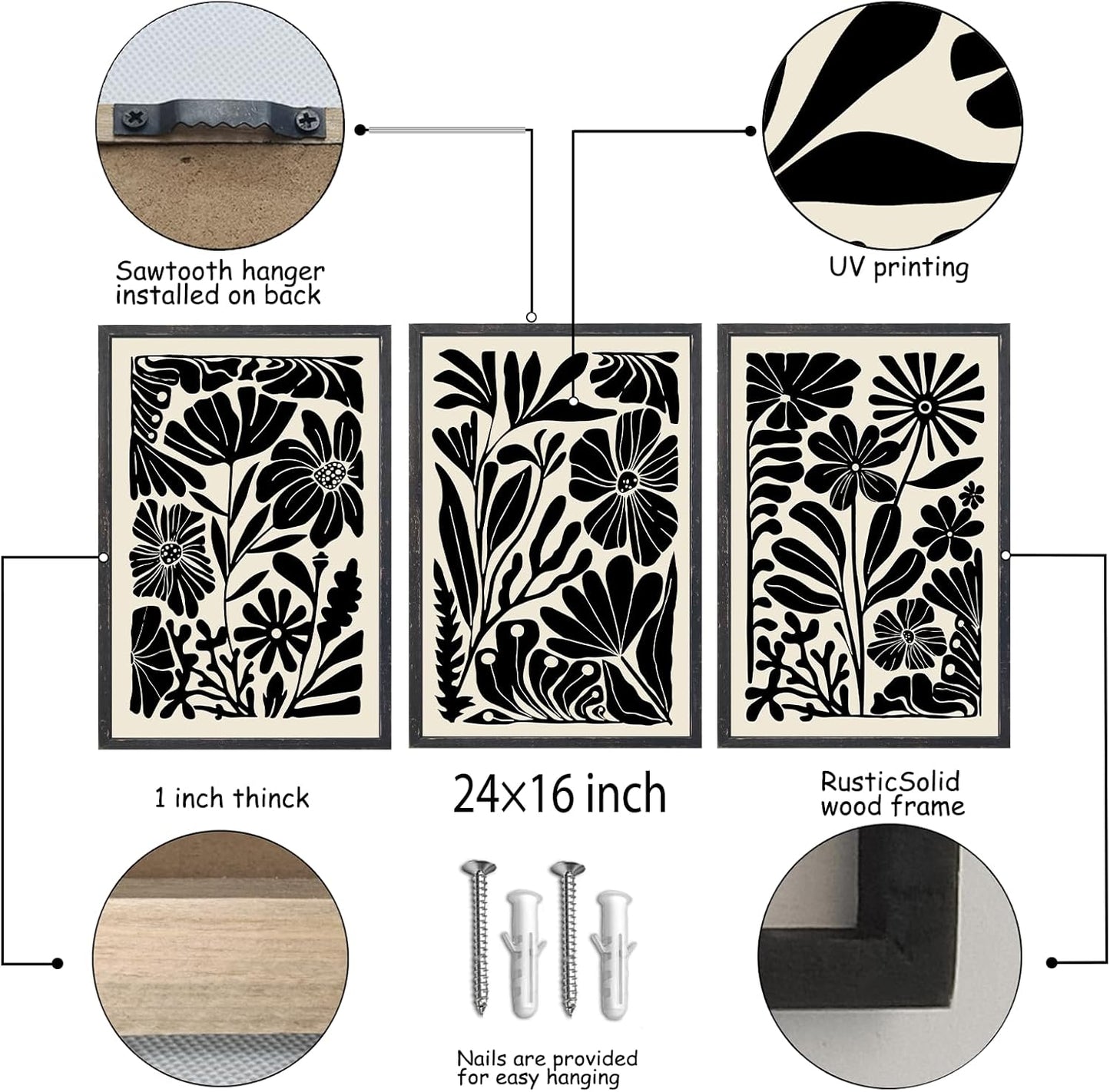 Abstract Floral Botanical Wall Art 16x24 Inch 3 Piece Black Vintage Boho Plant Flower Minimalist Wood Frame Sign Home Living Room Family Office Mid Century Print Wall Hanging Decor (Black)